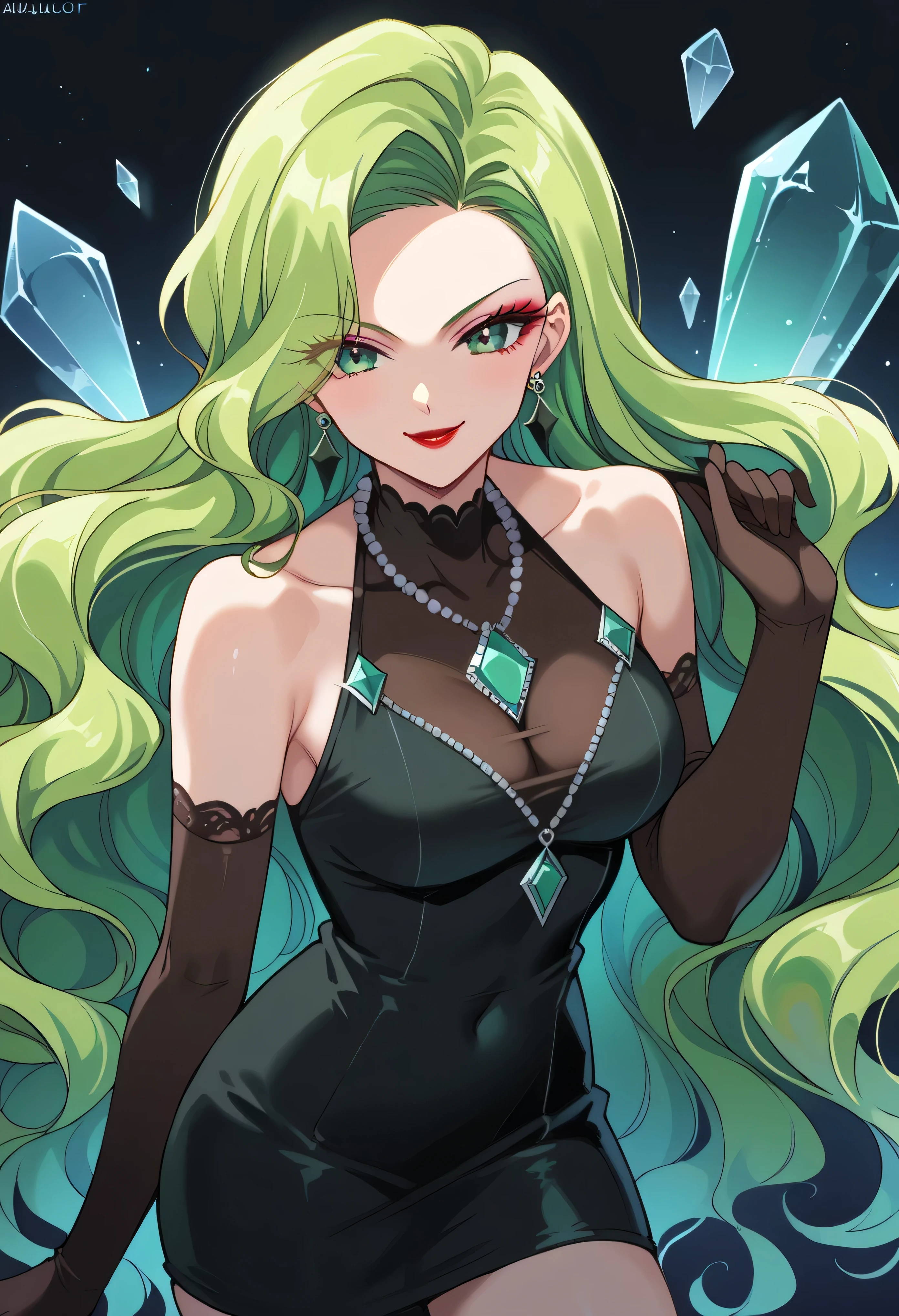 1 girl, cute face, green hair, very long hair, wavy hair, alone, gloves, red lipstick, makeup, elbow-length gloves, eye shadow, bare shoulders, black dress, gem necklace,black crystal earrings, black mist background,very evil smirk,