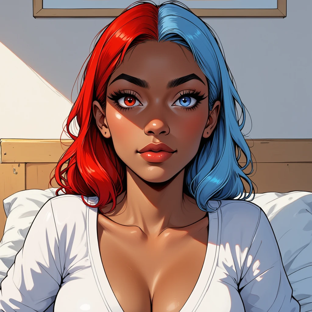 illustration, lineart, (dark skin: 1.8), ((heterochromia: (right eye blue:1.8), (left eye red:1.8)), (long hair: 1.6), (straight hair: 1.6), split-colored hair: (red hair on the left side:1.8), (bright blue hair on the right side:1.8), full lips, mature woman, pretty face, (chubby body: 1.3), detailed face, small breasts, (masterpiece: 1.5), high quality, sharp eyes, (front shot:1.6), top quality, lots of details, facing the viewer, illuminated face, close-up, wearing a white sweater, sitting on the bed, soft makeup, long eyelashes,