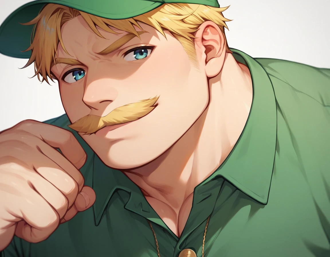 big buff guy, short hair, blonde hair, blonde mustache, green cap, green khaki shirt, button shirt with collar, big muscles, close up