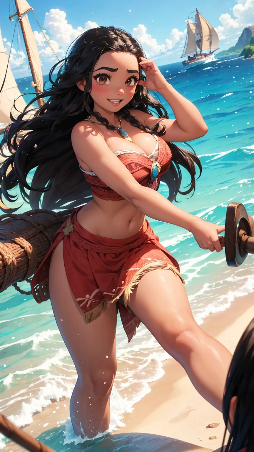 A disney character Moana, sailing on a boat, dynamic pose, Moana as adult, 30 years old, huge breasts, wide hips, tall, adult, cleavage, huge breasts, perfect face and body