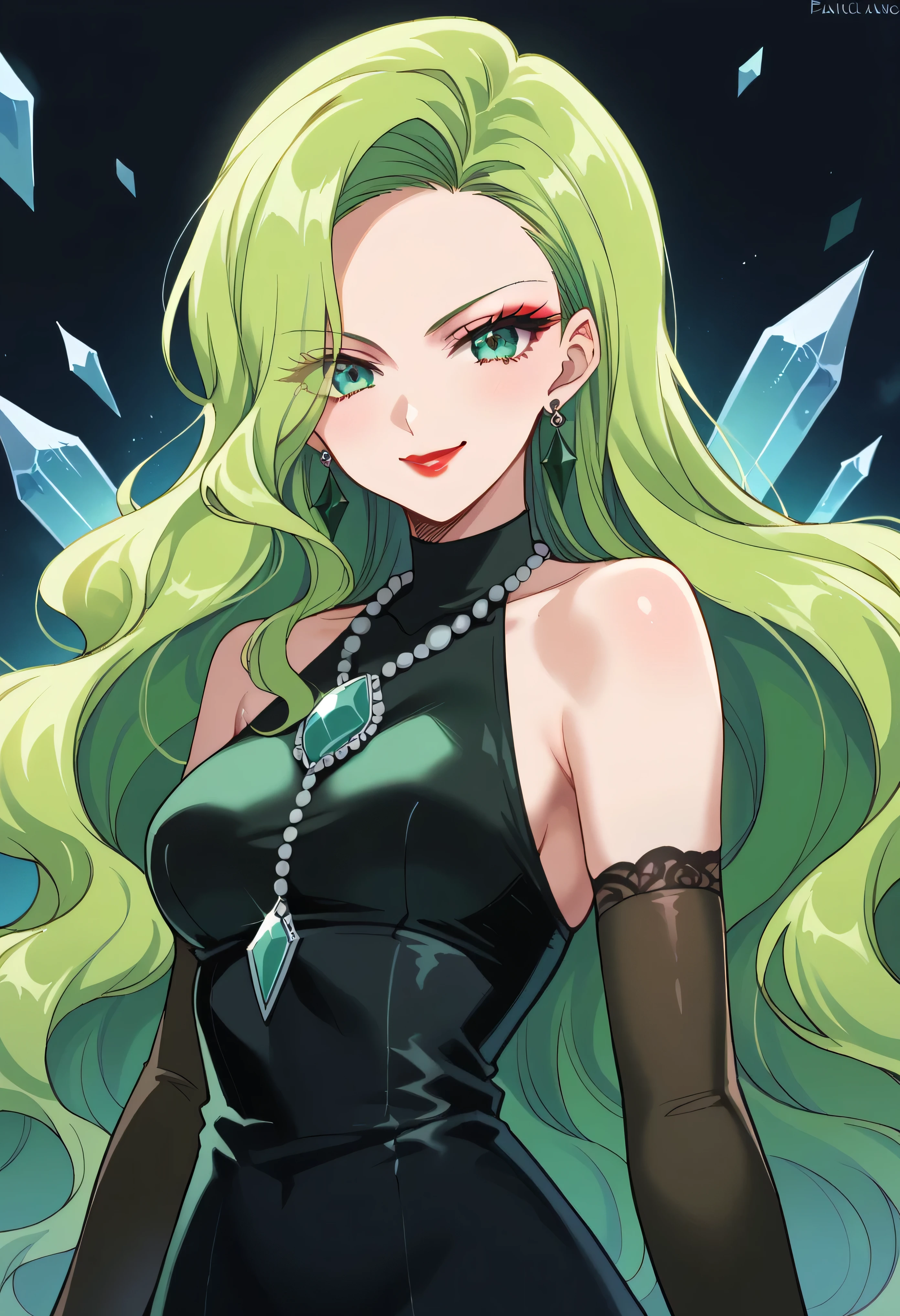 1 girl, cute face, green hair, very long hair, wavy hair, alone, gloves, red lipstick, makeup, elbow-length gloves, eye shadow, bare shoulders, black dress, gem necklace,black crystal earrings, black mist background,very evil smirk,