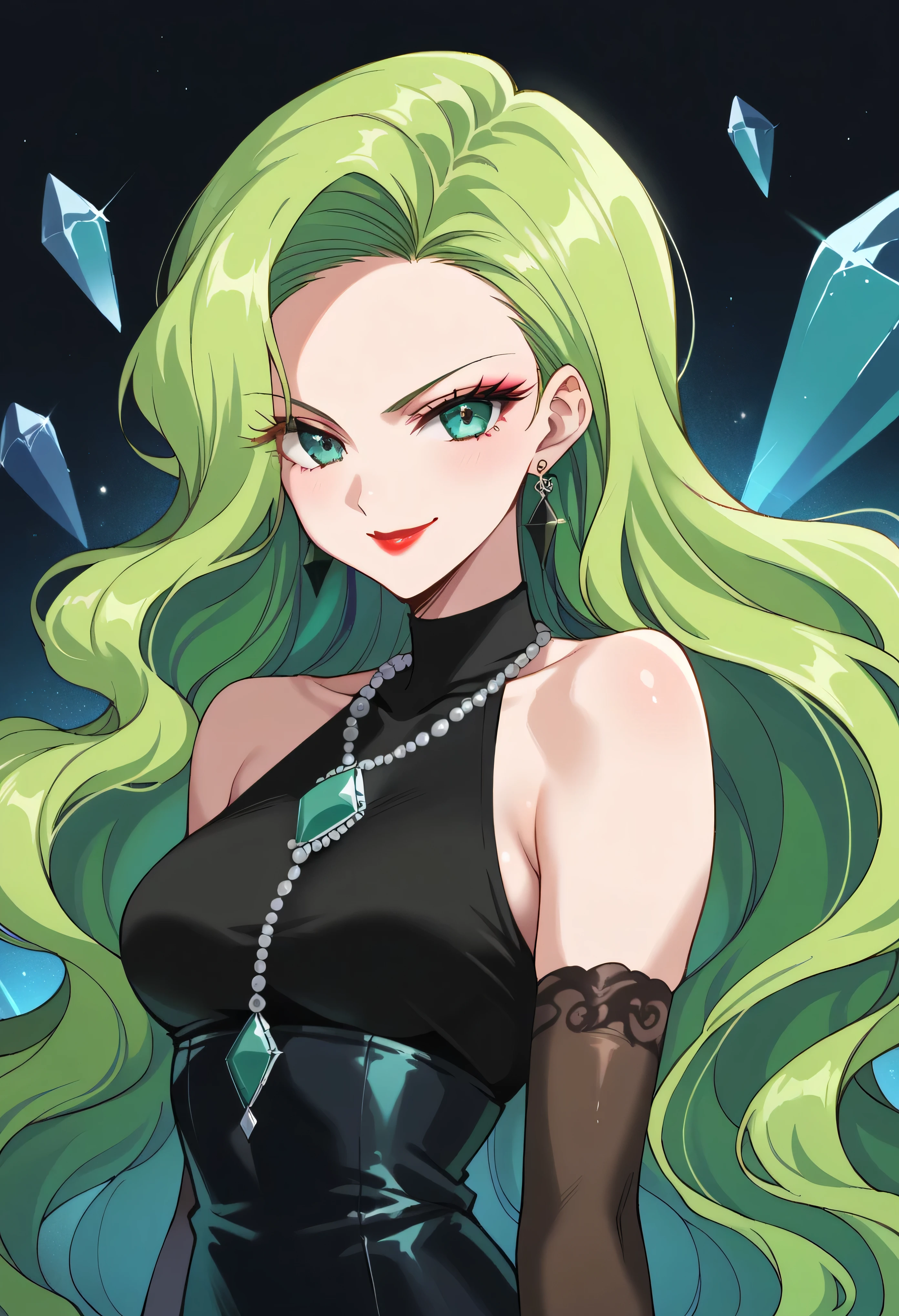 1 girl, cute face, green hair, very long hair, wavy hair, alone, gloves, red lipstick, makeup, elbow-length gloves, eye shadow, bare shoulders, black dress, gem necklace,black crystal earrings, black mist background,very evil smirk,