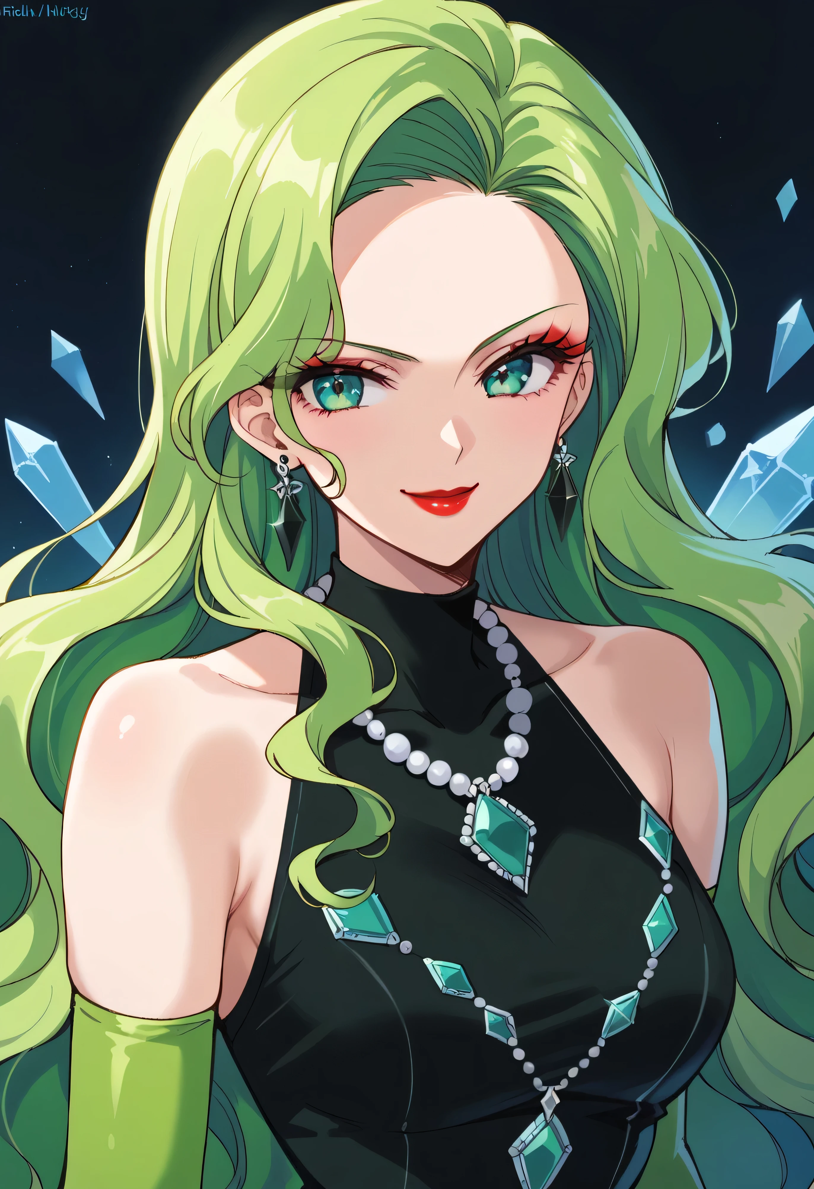 1 girl, cute face, green hair, very long hair, wavy hair, alone, gloves, red lipstick, makeup, elbow-length gloves, eye shadow, bare shoulders, black dress, gem necklace,black crystal earrings, black mist background,very evil smirk,