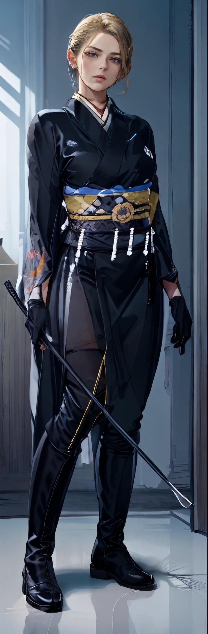 Mature female, adult, milf, mature, 25 years old, woman ((solo)),(1girl),standing, full body, authority, queen, blonde, dominant, (muscular), long sleeves, (holding riding crop:1.2), (black knee-high boots:1.4), (long kimono:1.7), (kimono over knees:1.2),devious, seductive, confident, standing, looking at viewer, from below, clean floor, empty room, large windows, guard, warden, queen, commander, (smirk:0.33) tall, deadpan, (black gloves:1.6), welcoming, (similing:0.7), inviting, yandere, mysterious, pretty eyes, pretty face,
