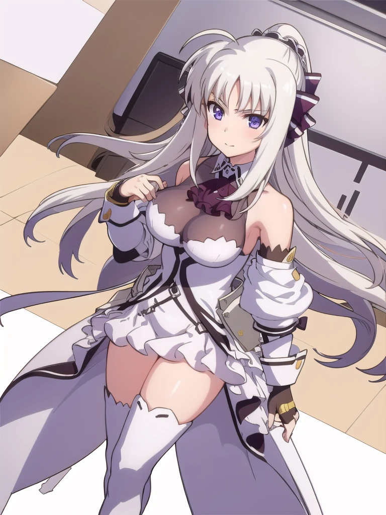  score_9, score_8_up, score_7_up, source_anime, rating_safe BREAK 1 girl, solo, ((indoor)), best quality, high quality, ultra detailed, detailed fingers, ((white hair)), rinne_bj, ((white thigh-length boots)), absolute territory, bare shoulders, ((thigh-high boots)), black gloves, black ascot, fingerless gloves, puff sleeves, skirt, black sleeves, separated sleeves and shoulders,
 female standing, long hair, looking at viewer, purple eyes, ahoge, v-shaped eyebrows, large breasts, hair ribbon, ponytail, bangs, full body, 
