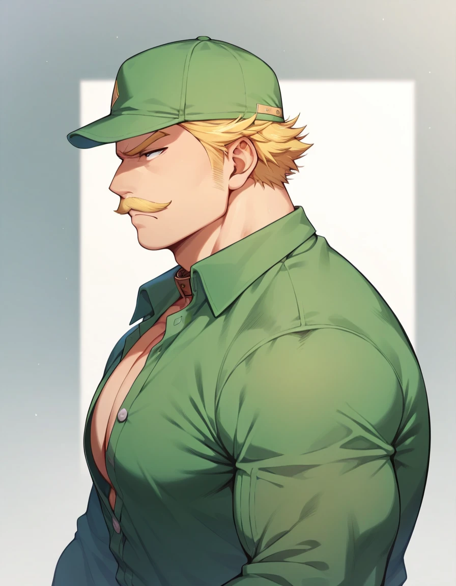 big buff guy, short hair, blonde hair, blonde mustache, green cap, green khaki shirt, button shirt with collar, big arms, big chest muscles, serious face, partial side profile