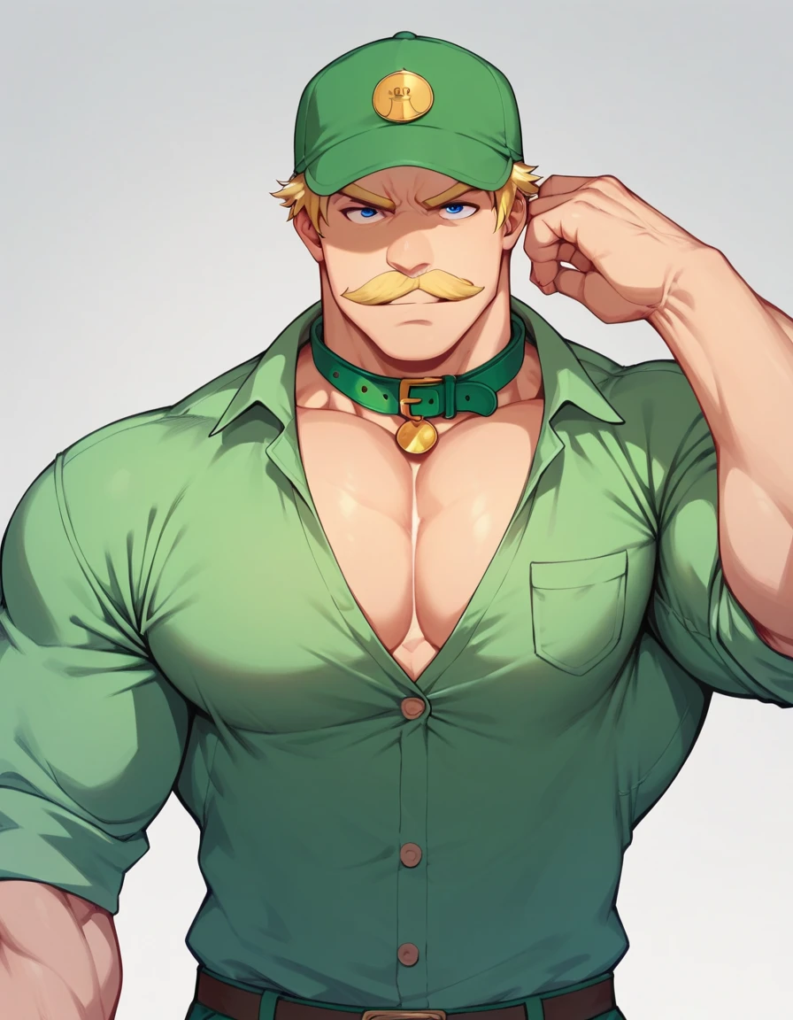 big buff guy, short hair, blonde hair, blonde mustache, green cap, green khaki shirt, button shirt with collar, big arms, big chest muscles, serious face, 