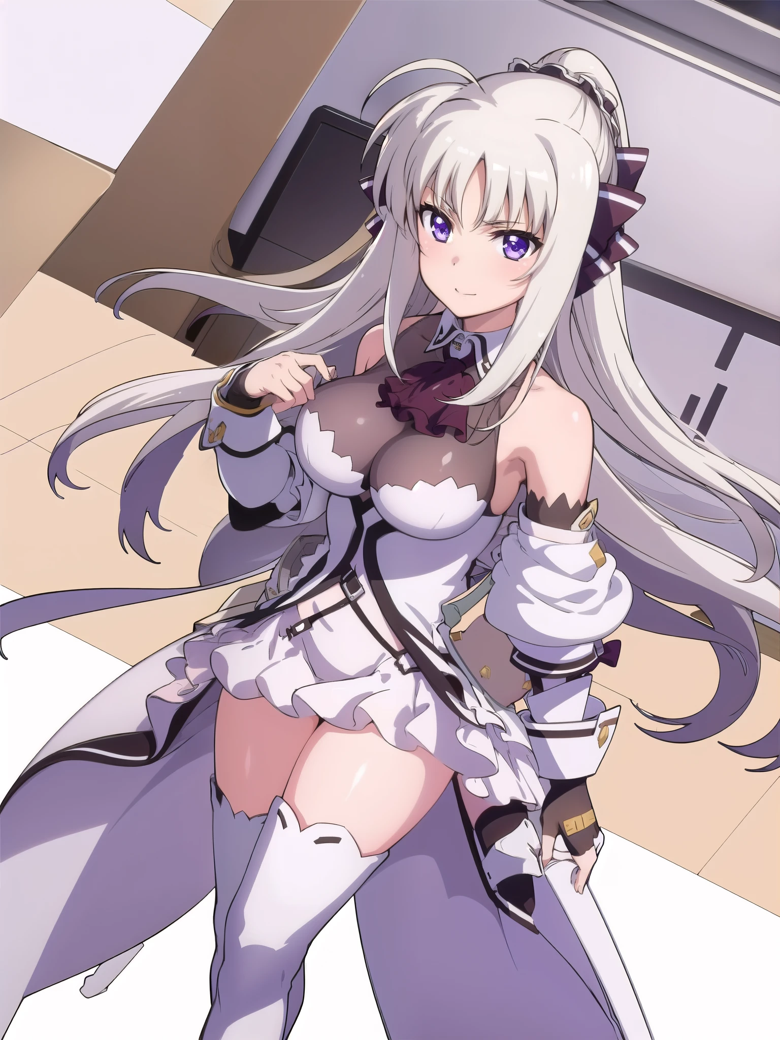  score_9, score_8_up, score_7_up, source_anime, rating_safe BREAK 1 girl, solo, ((indoor)), best quality, high quality, ultra detailed, detailed fingers, ((white hair)), rinne_bj, ((white thigh-length boots)), absolute territory, bare shoulders, ((thigh-high boots)), black gloves, black ascot, fingerless gloves, puff sleeves, skirt, black sleeves, separated sleeves and shoulders,
 female standing, long hair, looking at viewer, purple eyes, ahoge, v-shaped eyebrows, large breasts, hair ribbon, ponytail, bangs, full body, 
