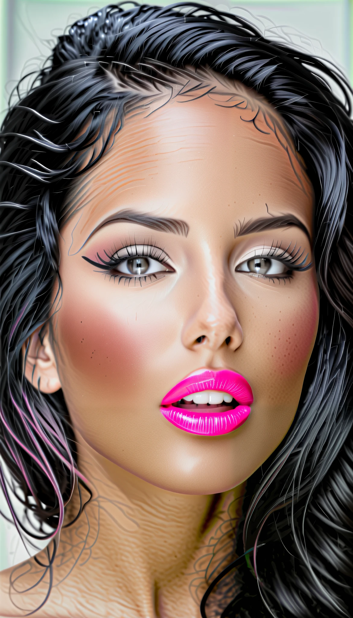 1 european girl, Magnificent, sublime hair with long fine and wavy black hair with wet effect, black eyeliner, (neon pink shiny lips), sensual lips open mouth, (regard intense et affirmé), braune leuchtende augen