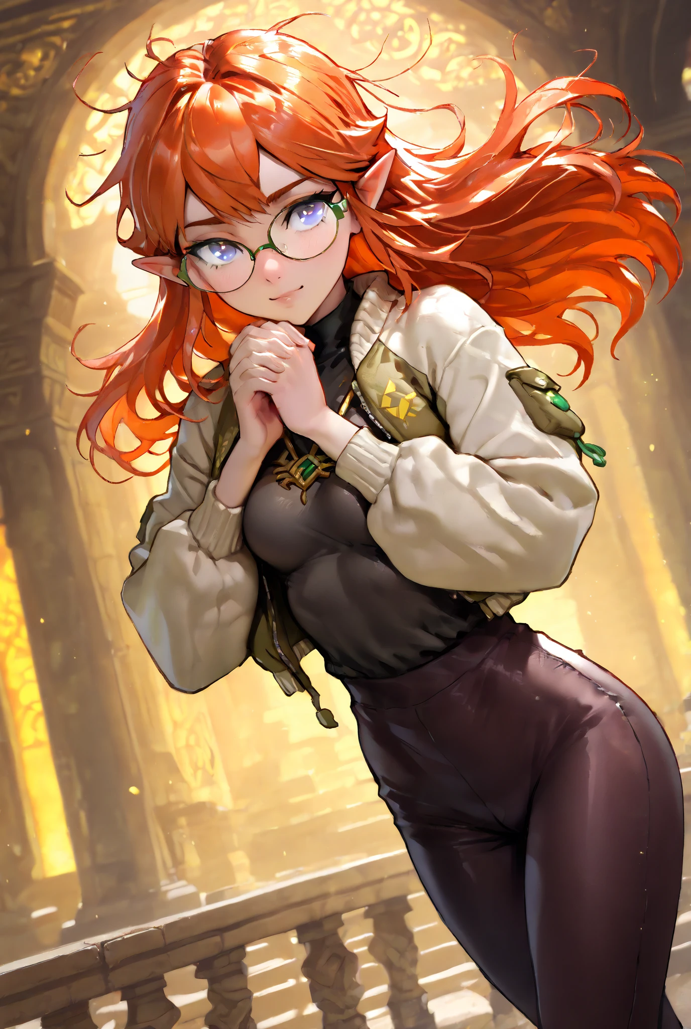 (1girl, solo, (best quality)),((highly detailed)),masterpiece,absurdres,detailed face,beautiful face,(detailed eyes),((dynamic pose)), young woman name Hexy, She has a olive jacket, (medium breast, slender), wears glasses), (praying, hyrule temple, gold ambience, spiritual ambience), ( dramatic angle), background detailed, (orange hair, long hair, messy hair)