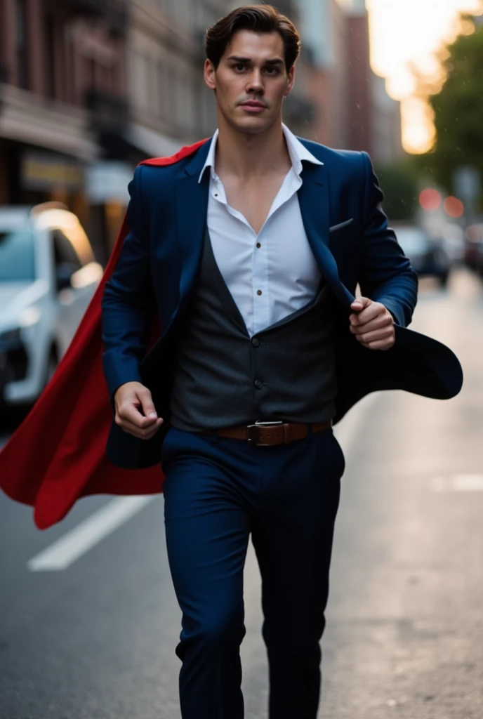 whole body. Superman, a 30-year-old handsome face, attractive, a suit with muscular, taking off an unbuttoned white shirt, showing the blue Superman suit, black dress pants, Social belt. Rainy scene, sunset lighting in the background, dynamic pose.Superman is running on street.