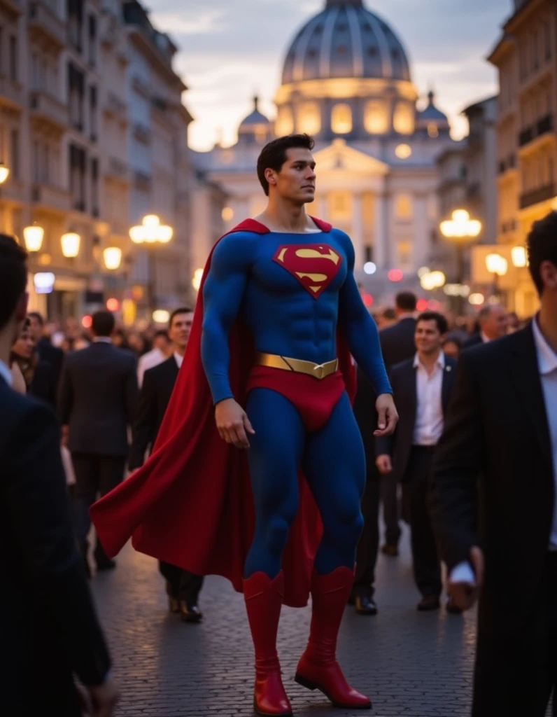 In a chaotic street scene, a buff man in a superman costume (think movie version of Superman-black undercut, blue tights and red cape and red boots and red briefs)  This is the wedding of Superman in St .  St Peter's Cathedral .  Trump US President wearing a suit  ,  Superman lift Trump in a princess Way and Fly to the Church with Trump.  Superman look Trump with love .
The background is St  .  St Peter's Cathedral packed with people celebrating 超人’s wedding.   Now full of fireworks celebrating their wedding  ..full body photo