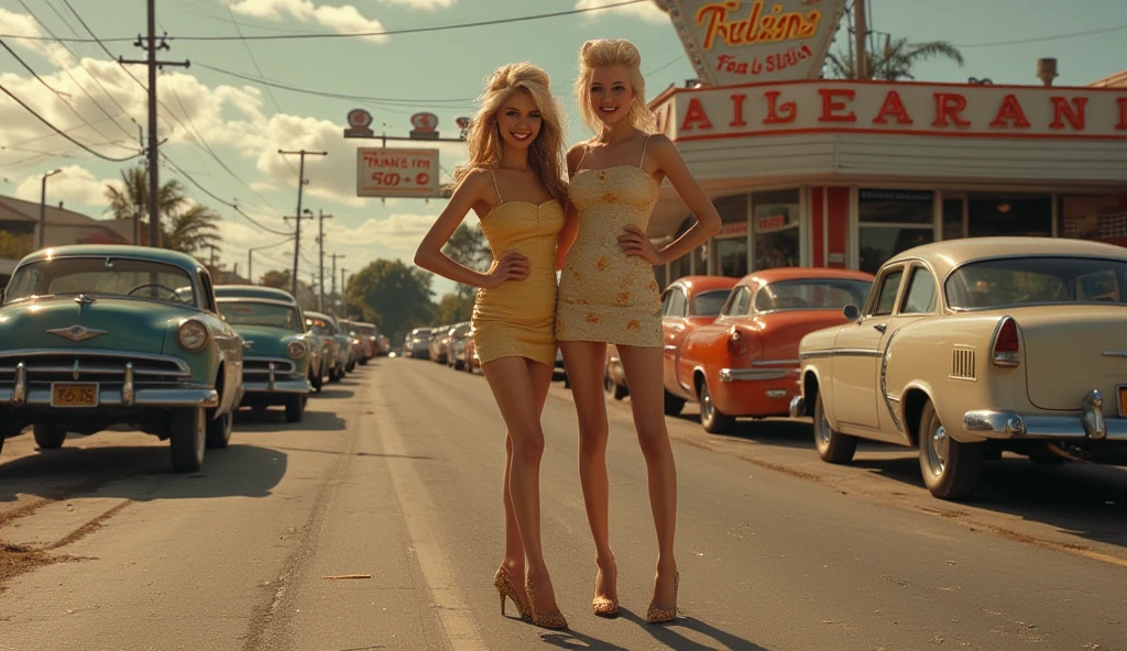 An Panavision cinematic photo of two skinny slim Woman with platina blond beehive hairstyle from the 60s ,tall skinny and slim woman with 60s skintight minidresses, Cork high heels, long skinny legs, there skin is slightly sun-tanned , happe faces this is how she poses in the USA in front of a large American fast food restaurant from the 60s at sunset LA, Obove the burger place is an big sign with the text "Thx for 500+ Subs" , traditinal 50s and 60s american cars on street, beautuful summer weather, stunning picture,