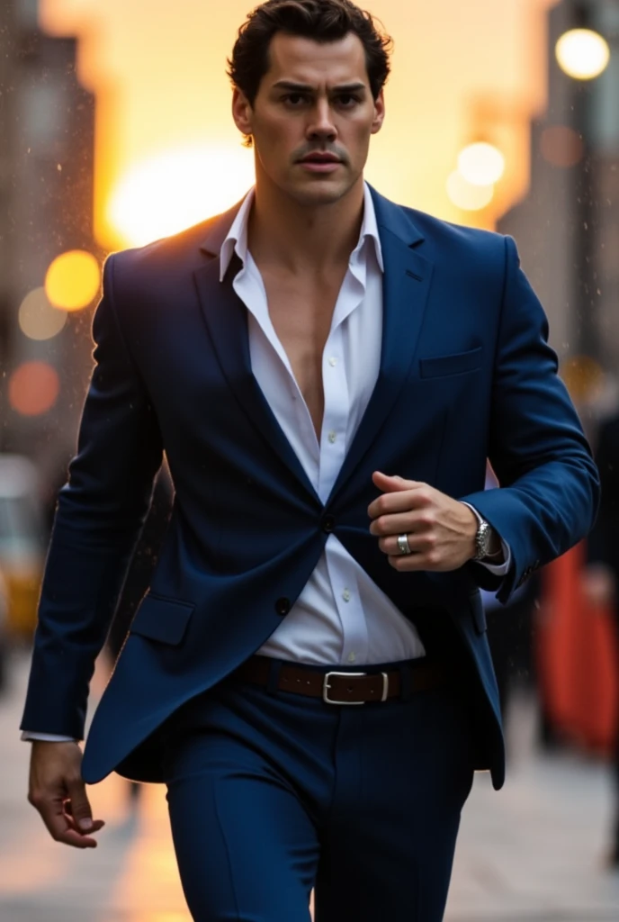 whole body. Superman, a 30-year-old handsome face, attractive, a suit with muscular, taking off an unbuttoned white shirt, showing the blue Superman suit, black dress pants, Social belt. Rainy scene, sunset lighting in the background, dynamic pose.Superman is running on street.