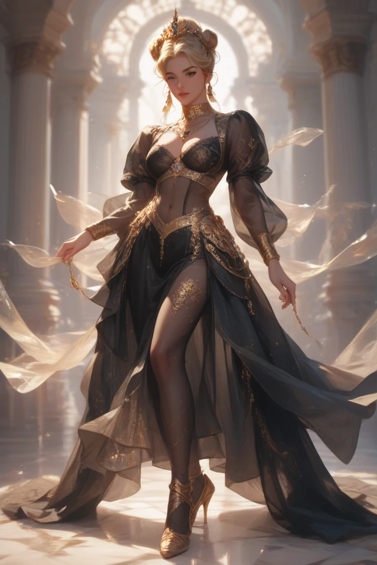 ((aeolian)), 1 ((young)) girl with a beautiful face and green eyes, slim body, Princess, full body view, wearing a white gown, no underwear, very long black hair, fantasy castle landscape, wearing high heels, slim body, small breasts, naked, smiling
