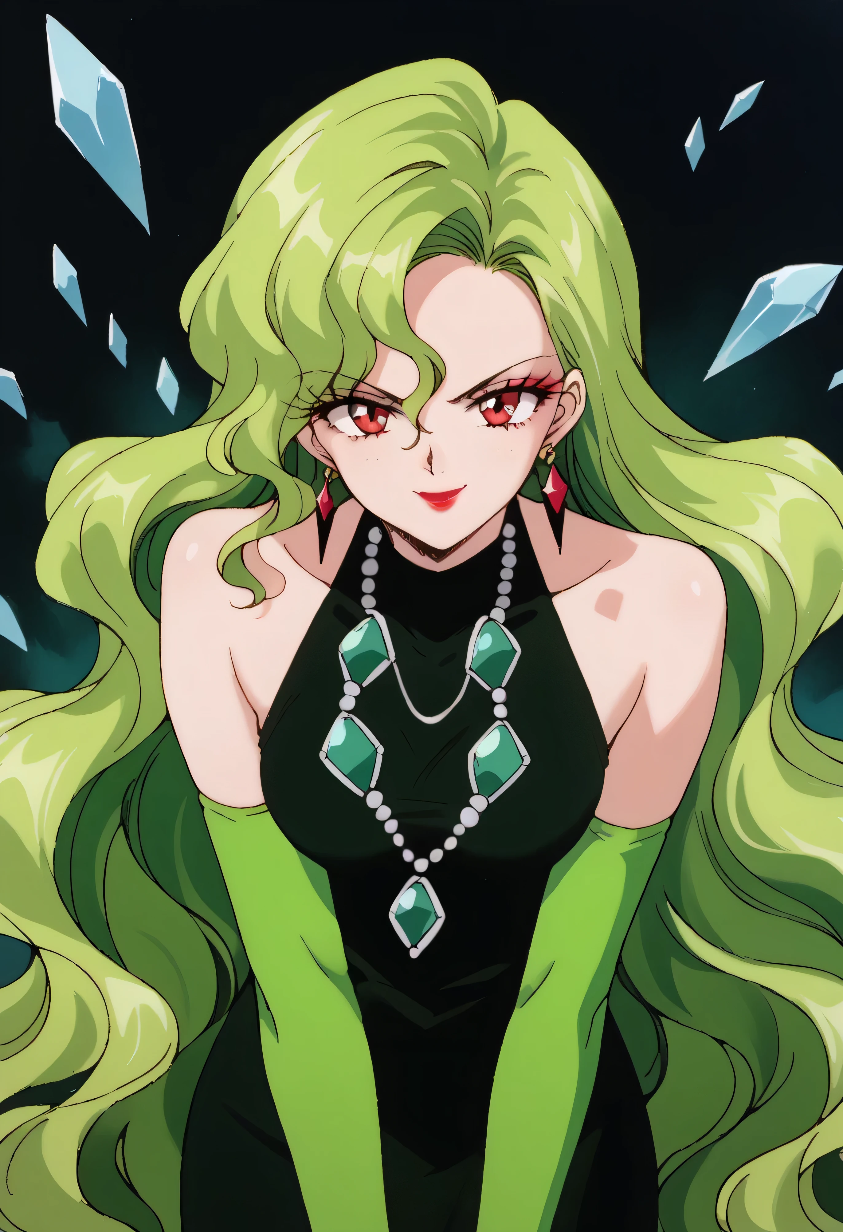 1 girl, cute face, green hair, very long hair, wavy hair, alone, gloves, red lipstick, makeup, elbow-length gloves, eye shadow, bare shoulders, black dress, gem necklace,black crystal earrings, black mist background,very evil smirk,