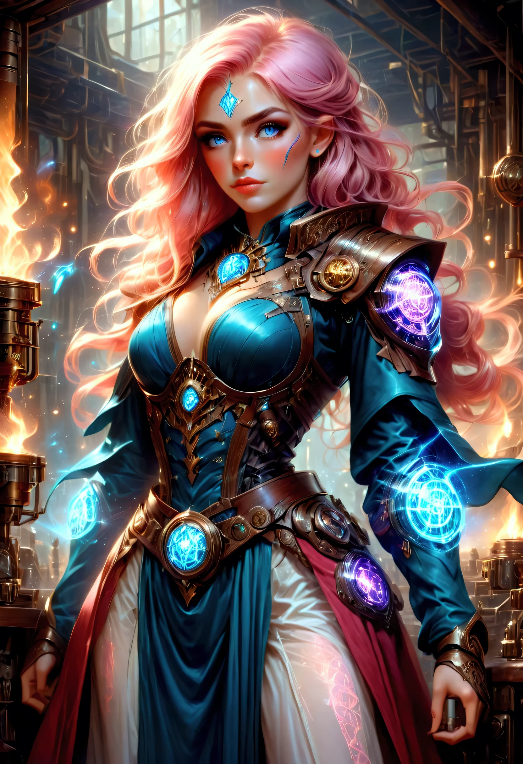 fantasy art, steampunk art, RPG art, photograph, RAW,  Best Detailed, picture of a mecha woman wizard, standing proudly, manipulating magical purple runes, extremely beautiful woman (best Detailed, Masterpiece, Hyperrealistic: 1.5)  pink hair, rich hair, wavy hair, dynamic eyes color, wearing (white and blue dress: 1.3), wearing (red cloak: 1.2), wearing pantyhose, wearing high heeled boots, laces boots, make up, steampunk laboratory background, ultra best realistic, best details, best quality, 16k, [ultra detailed], masterpiece, best quality, (extremely detailed), ultra wide shot, photorealism, depth of field, hyper realistic painting, Cinematic Shot, Glowing Runes