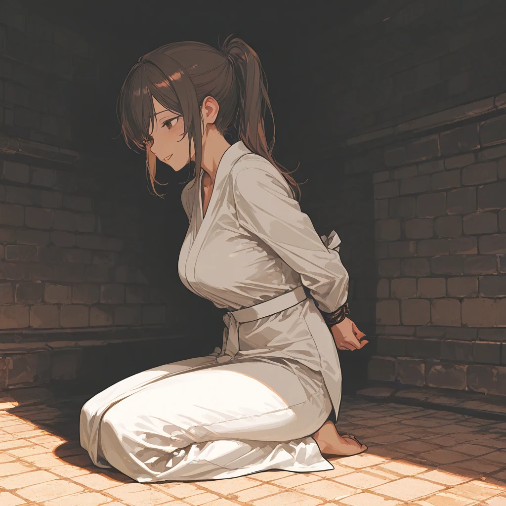 (masterpiece,  best quality ),  Great Quality ,  very aesthetic,  absurd,  High Resolution , up to date,  High Resolution , 8k,  high definition RAW color art,  complicated details,  high contrast ,   detailed background,  Beautiful Details , beautiful faces,  brown hair ponytail,whole body,seiza,adult,Married Woman, brown eyes, well-prepared face,Hands tied behind back