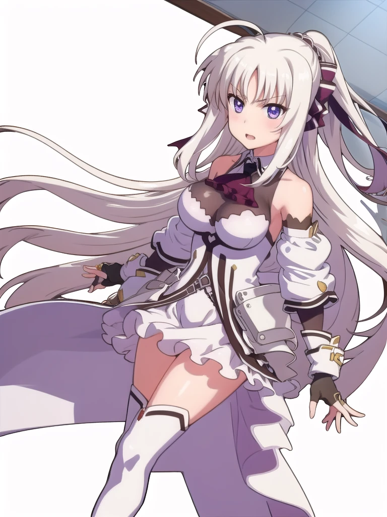  score_9, score_8_up, score_7_up, source_anime, rating_safe BREAK 1 girl, solo, ((indoor)), best quality, high quality, ultra detailed, detailed fingers, ((white hair)), rinne_bj, ((white thigh-length boots)), absolute territory, bare shoulders, ((thigh-high boots)), black gloves, black ascot, fingerless gloves, puff sleeves, skirt, black sleeves, separated sleeves and shoulders,
 female standing, long hair, looking at viewer, purple eyes, ahoge, v-shaped eyebrows, large breasts, hair ribbon, ponytail, bangs, full body, 
