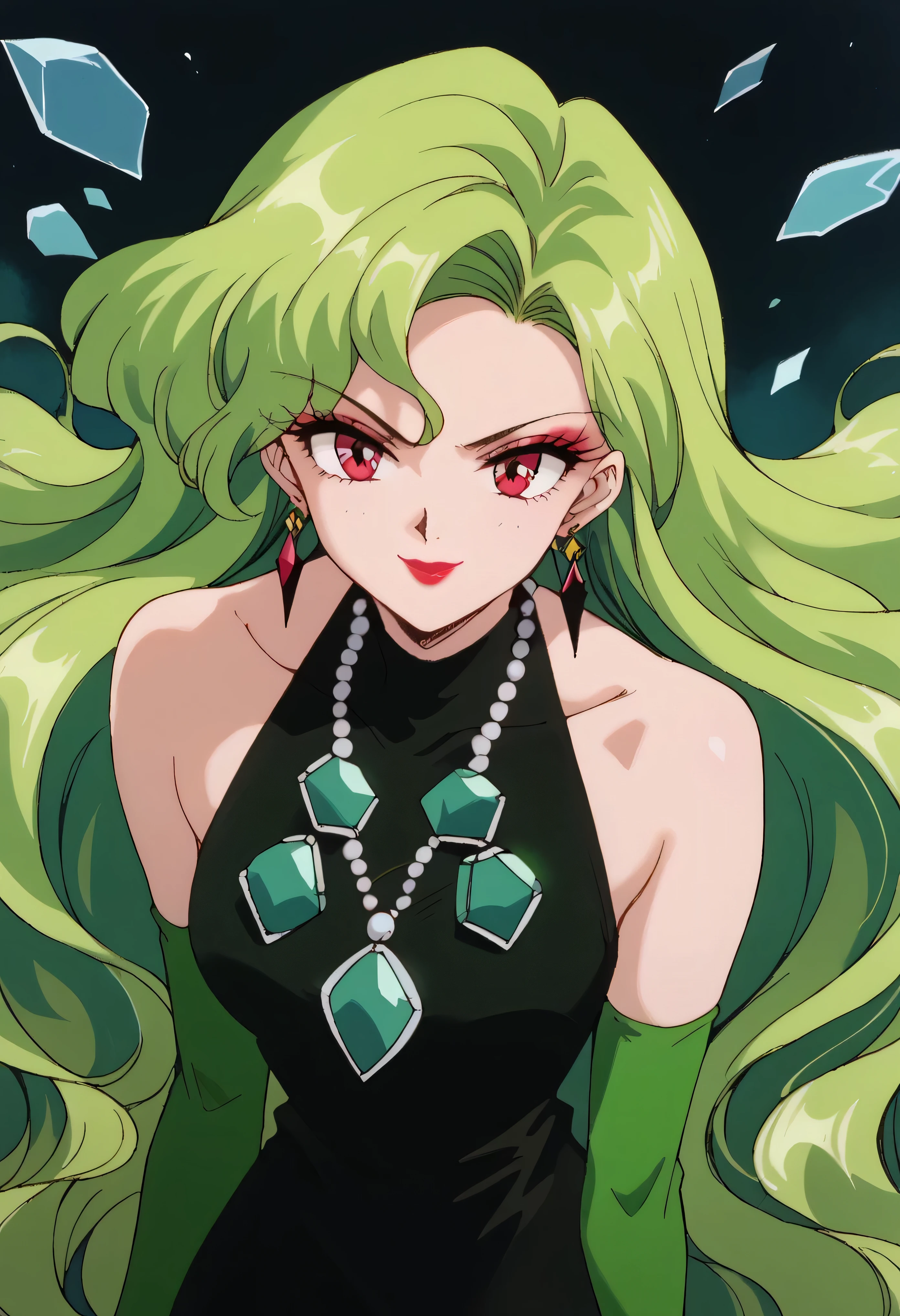 1 girl, cute face, green hair, very long hair, wavy hair, alone, gloves, red lipstick, makeup, elbow-length gloves, eye shadow, bare shoulders, black dress, gem necklace,black crystal earrings, black mist background,very evil smirk,