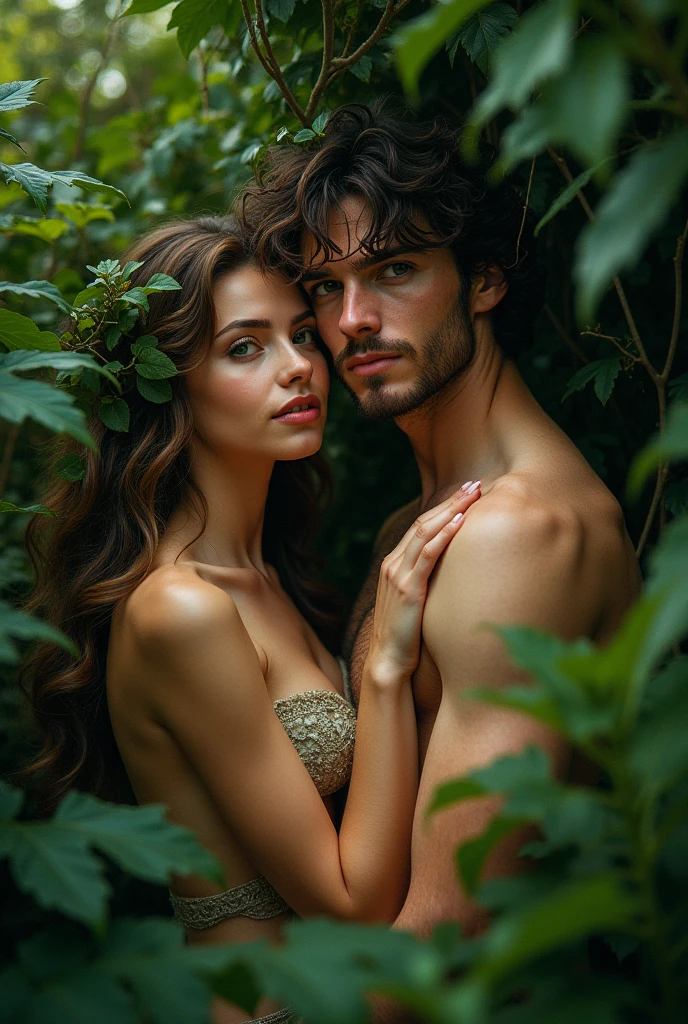 A couple of 13-year-old lovers, the same height, naked and hugging each other at the waist, appearing full body in a forest of ferns with a beautiful blue sky and mountains in the background. They are in a loving and intimate pose. They are sensually embraced and completely naked and barefoot and must appear in the image standing and in full body from head to toe. in a fern forest with a beautiful blue sky and mountains in the background. The boy must have an erect penis and a muscular chest. and the girl must have a vagina. the boy and girl must have a slim body. (The boy and the girl are the same height). (The boy and girl must be completely naked and hugging each other). the girl must be completely naked.