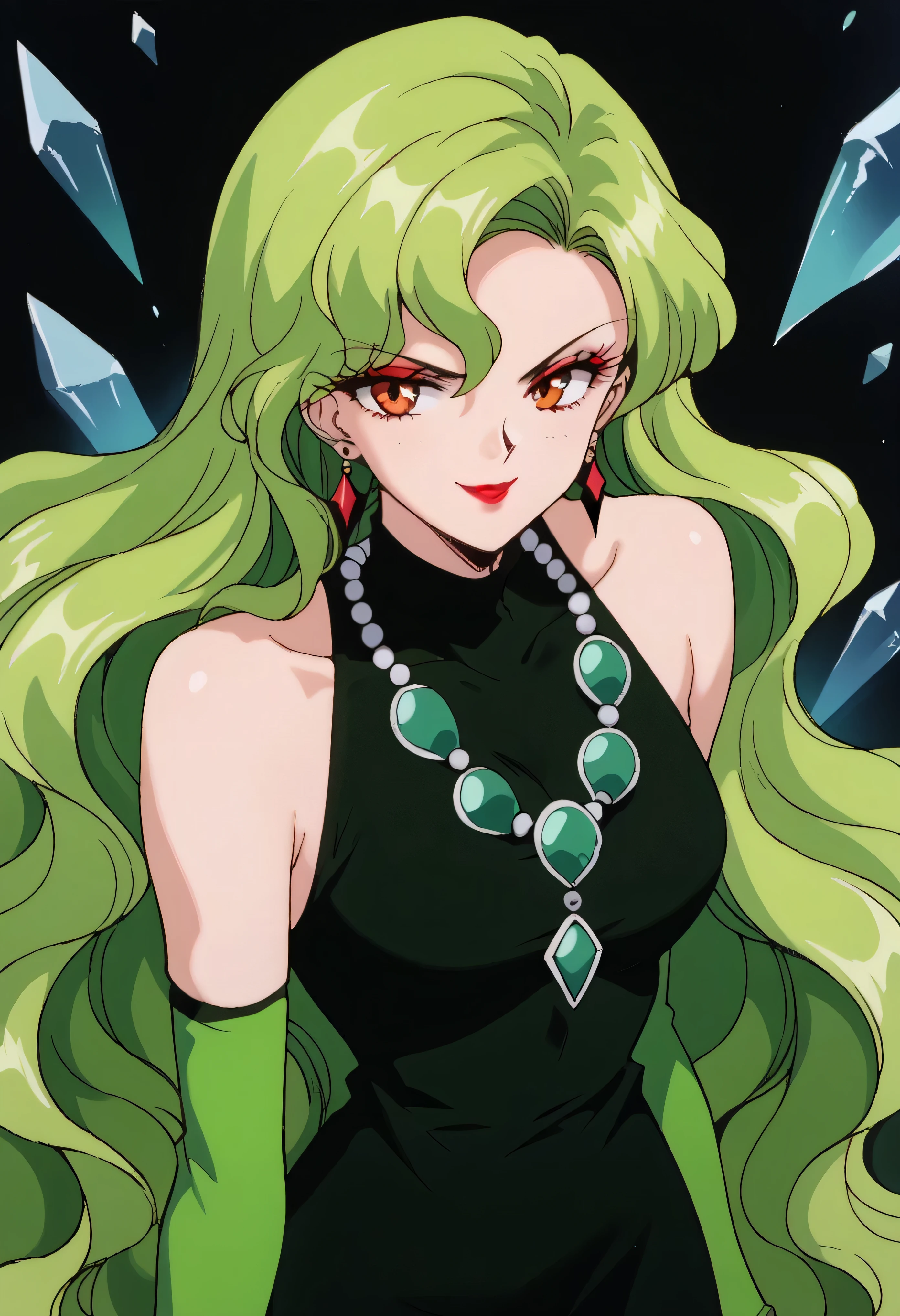 1 girl, cute face, green hair, very long hair, wavy hair, alone, gloves, red lipstick, makeup, elbow-length gloves, eye shadow, bare shoulders, black dress, gem necklace,black crystal earrings, black mist background,very evil smirk,