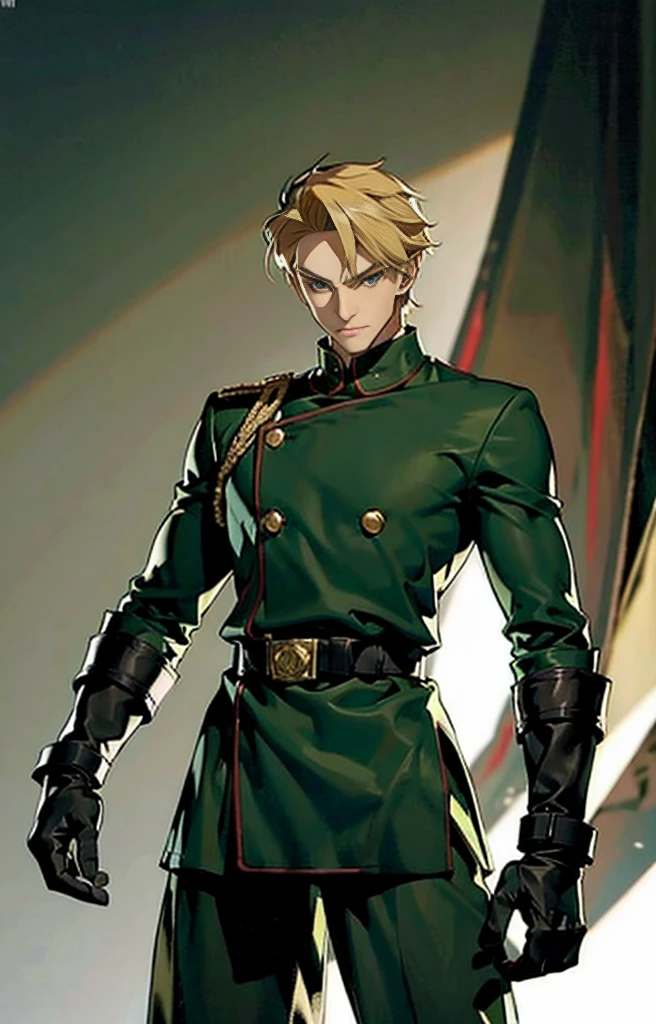 link, man, masculine, tall, slim, blond, green-eyed guy, russian hero style, strong,  anime style, anime  ,  ( gloves), standing, (muscular:0.5)(from above:0.25),(sport:0.2), (empty background),(armor:0.6), (character design), (uniform:0.9), double-breasted,