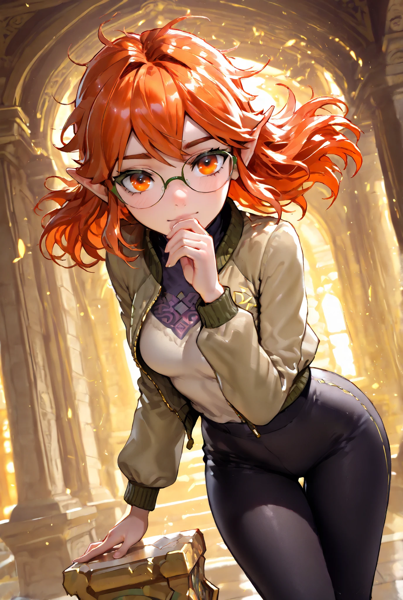 (1girl, solo, (best quality)),((highly detailed)),masterpiece,absurdres,detailed face,beautiful face,(detailed eyes),((dynamic pose)), young woman name Hexy, She has a olive jacket, (medium breast, slender), glasses), (praying, hyrule temple, gold ambience, spiritual ambience), ( dramatic angle), background detailed, (orange hair, long hair, messy hair), (orange eyes)