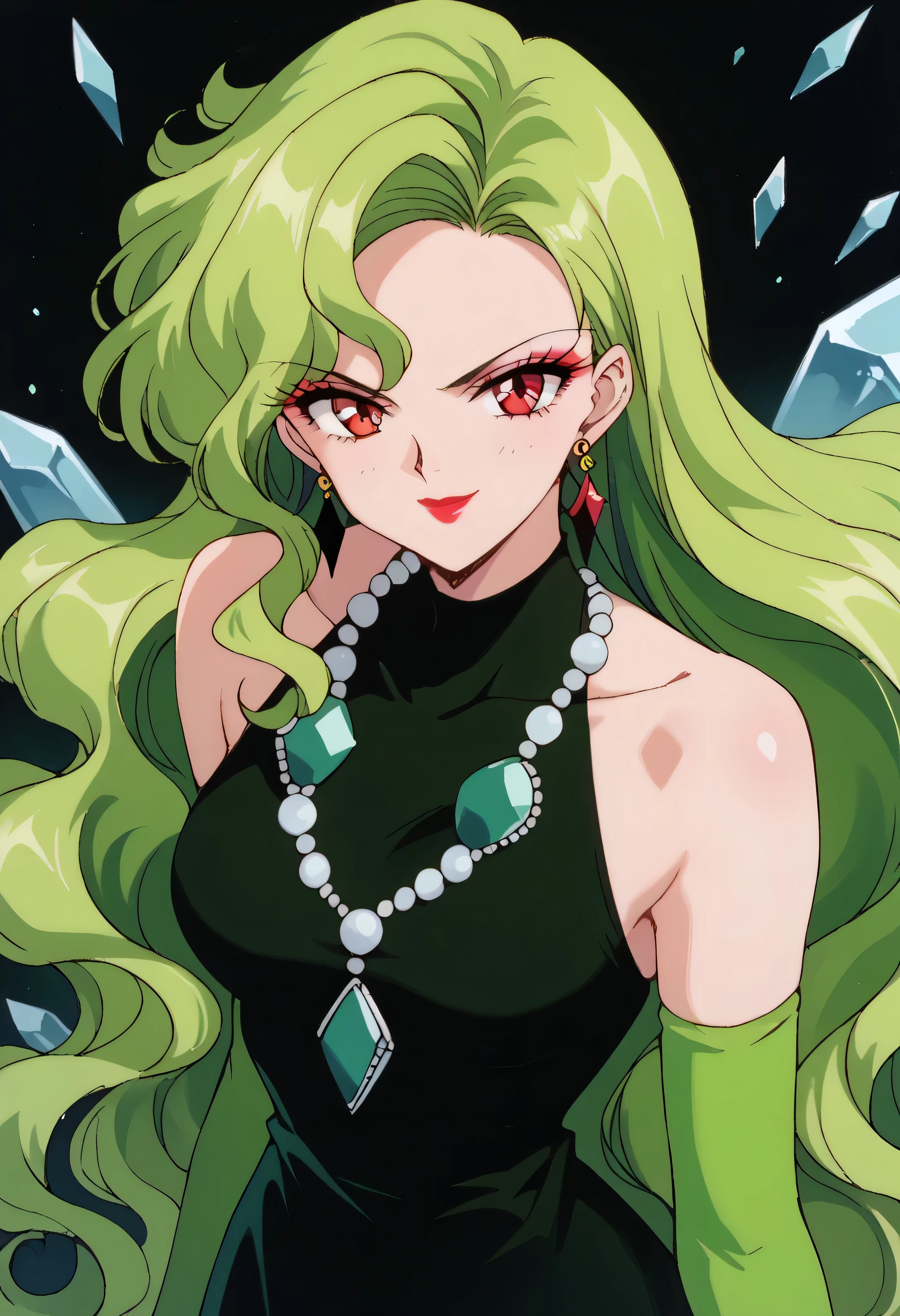 1 girl, cute face, green hair, very long hair, wavy hair, alone, gloves, red lipstick, makeup, elbow-length gloves, eye shadow, bare shoulders, black dress, gem necklace,black crystal earrings, black mist background,very evil smirk,