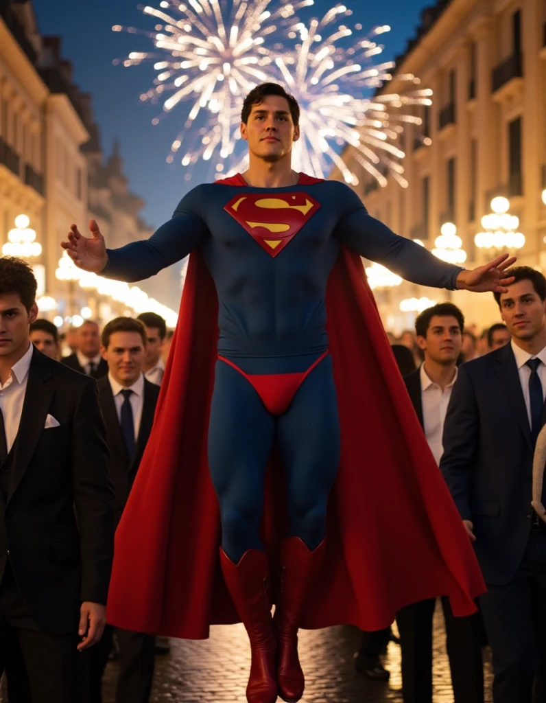 This is the wedding of Superman in St .  St Peter's Cathedral .  Trump US President wearing a suit  ,  Superman lift Trump in a princess Way and Fly to the Church with Trump. 
In a chaotic street scene, superman in a superman costume (think movie version of Superman-black undercut, blue tights and red cape and red boots and red briefs)  Superman look Trump with love .
The background is St  .  St Peter's Cathedral packed with people celebrating 超人’s wedding.   Now full of fireworks celebrating their wedding  ..full body photo