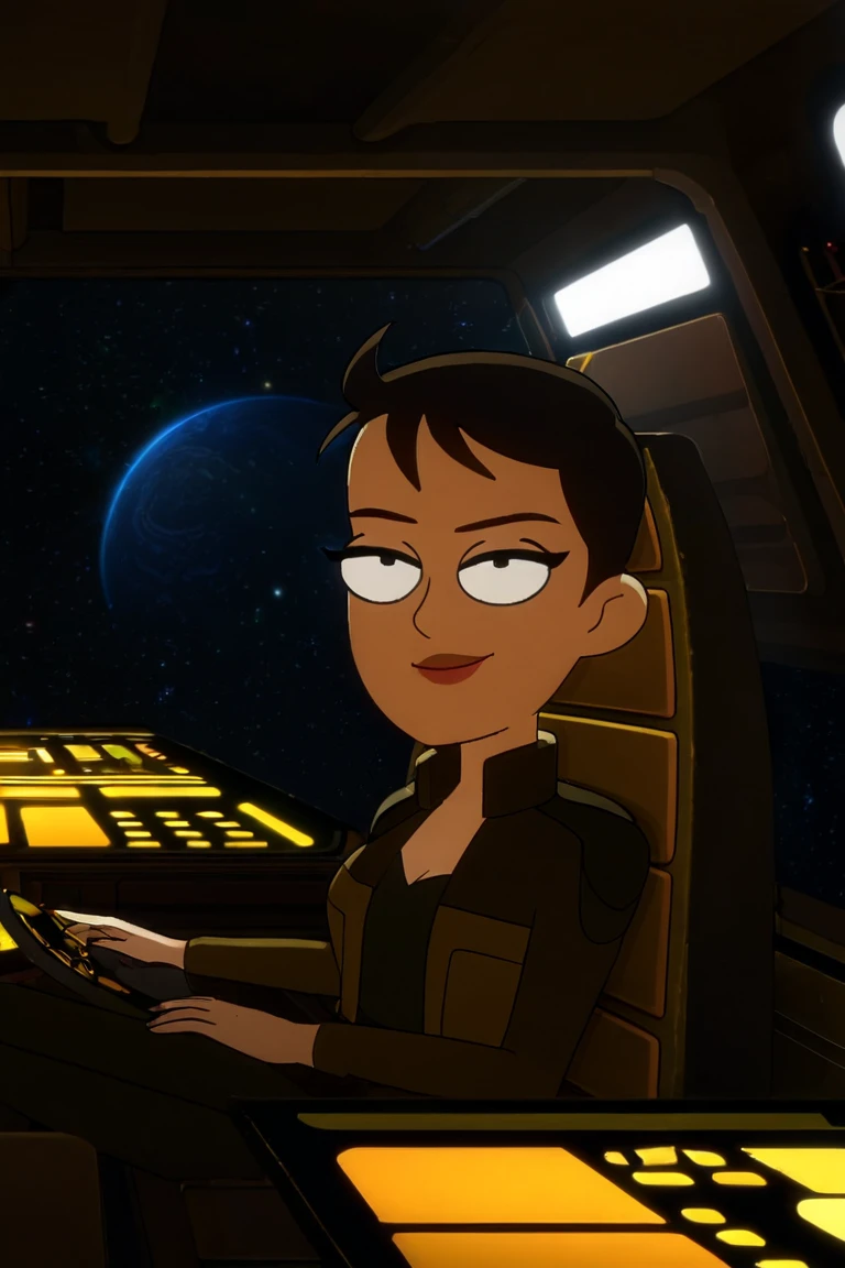 a woman with short hair sitting at space ship cockpit