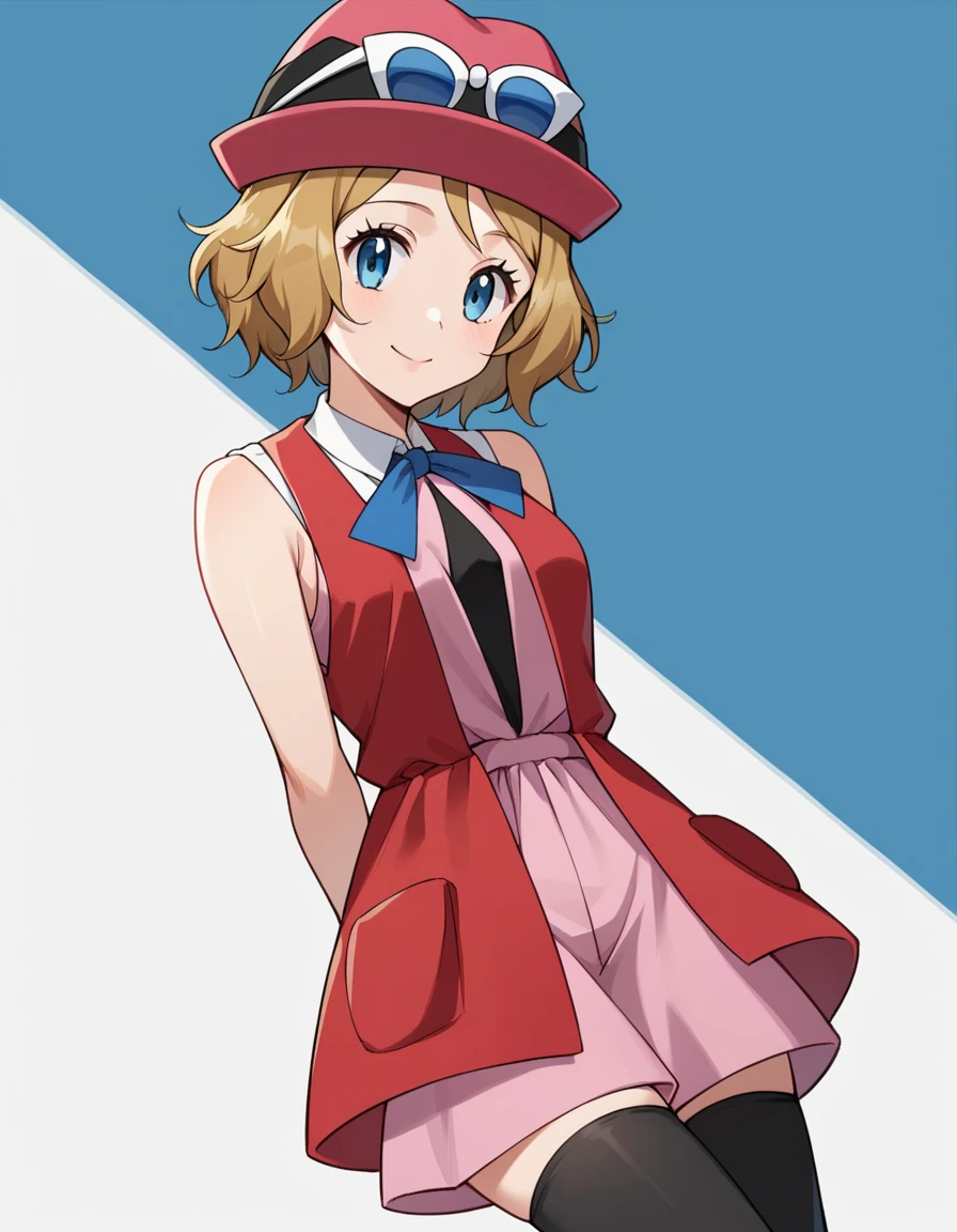 score_9, score_8_up, score_7_up, source_anime, rating_safe, BREAK serena \(pokemon\), Solo,1girl, blue eyes, eyelashes, short hair, blonde hair, hat, neck ribbon, blue ribbon, pink shirt, sleeveless, bare arms, red jacket, pink skirt, black thighhighs, dutch angle, hand up, smile, Arms behind back, 