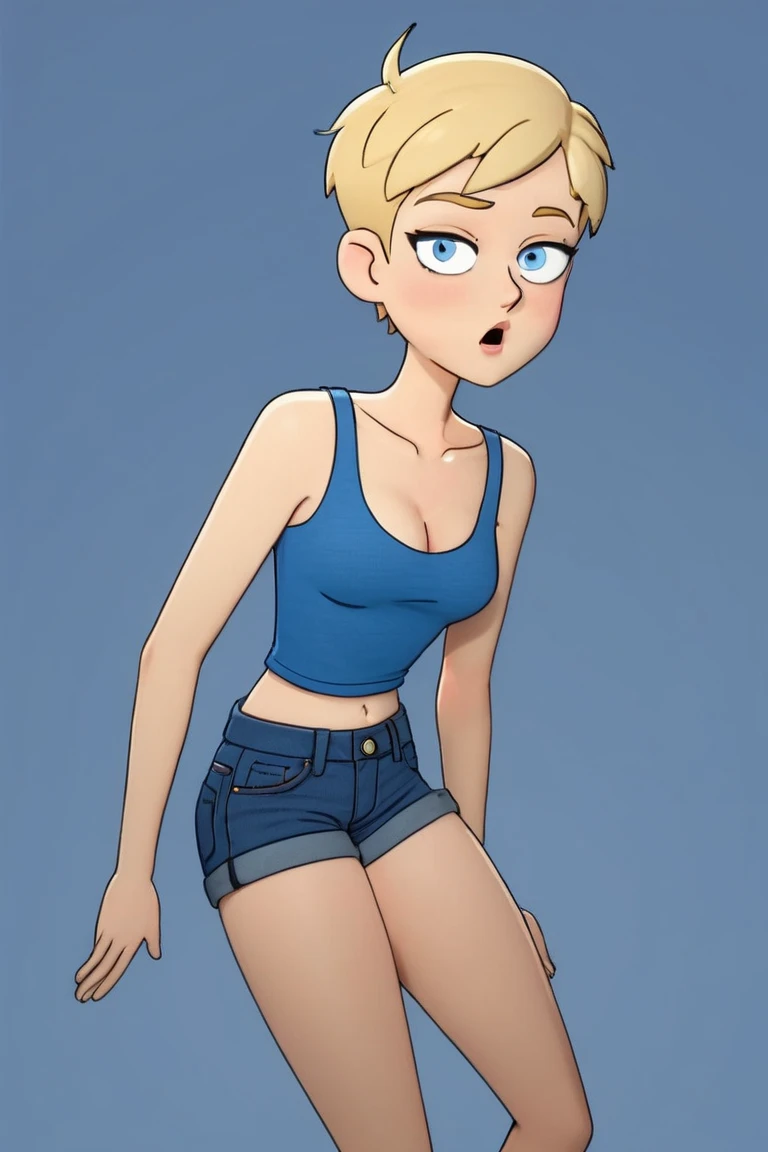 Panel work of art, blue colored eyes, short blonde hair, wearing a tight blue tank top with a low neckline, wearing short, tight denim shorts with the buttons open, defined body, 4K HD image