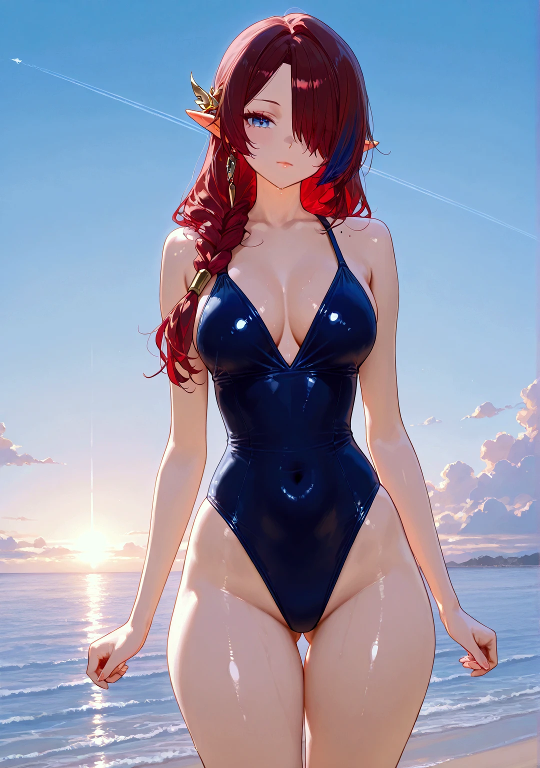 1 girl, solo, mature woman, milf, ch4sca, multicolored hair, red hair, blue hair, blue eyes, pointy ears, hair over one eye, long hair, braid, mole on shoulder, medium breasts, voloptuous, thick thighs, wide hips, alternate costume, looking at viewer, closed mouth, blue one-piece swimsuit, lips, covered navel, bare shoulders, standing, outdoors, sky, day, cloud, water, dark blue sky, ocean, ass visible through thighs, beach, thigh gap, contrail, cowboy shot, gleaming, shiny, shiny skin, shiny outfit. BREAK .quality\(8k,wallpaper of extremely detailed CG unit, high resolution, top-quality, top-quality real texture skin, hyper realistic, increase the resolution, RAW photos, best quality, highly detailed, the wallpaper, golden ratio, high saturation realism, vibrant colors, dramatic lighting, persuasive storytelling, atmospheric scenery, captivating visuals, intricate details, strong emotions, dreamlike world\)