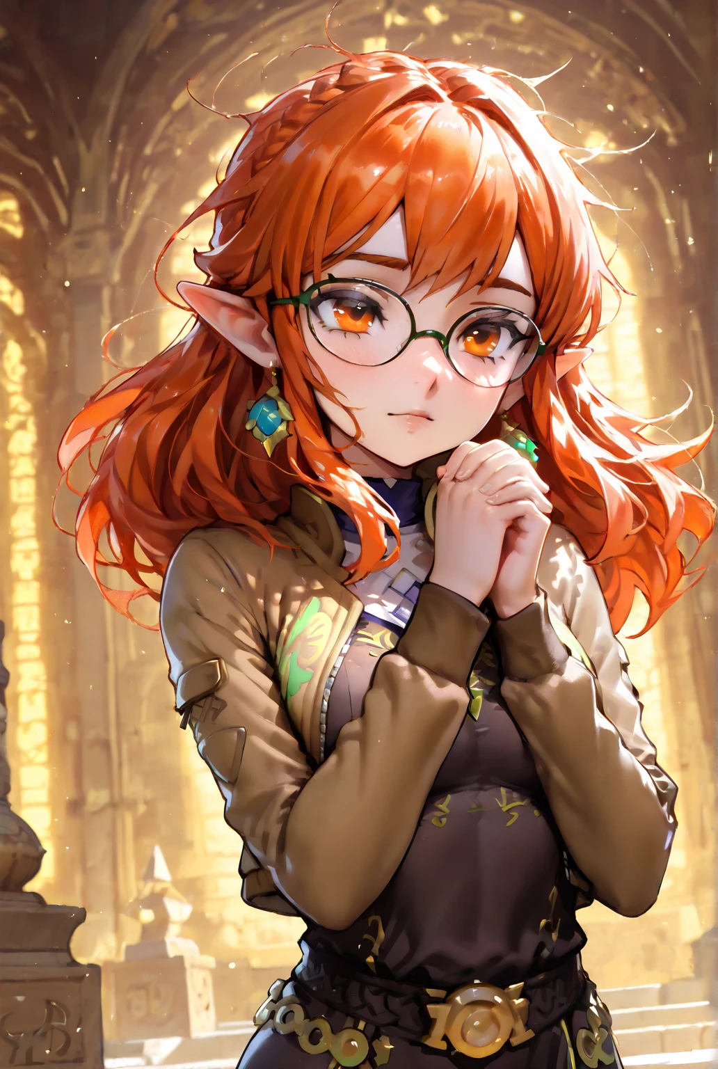 (1girl, solo, (best quality)),((highly detailed)),masterpiece,absurdres,detailed face,beautiful face,(detailed eyes),((dynamic pose)), young woman name Hexy, She has a olive jacket, (medium breast, slender), glasses), (praying, hyrule temple, gold ambience, spiritual ambience), ( dramatic angle), background detailed, (orange hair, long hair, messy hair), (orange eyes)