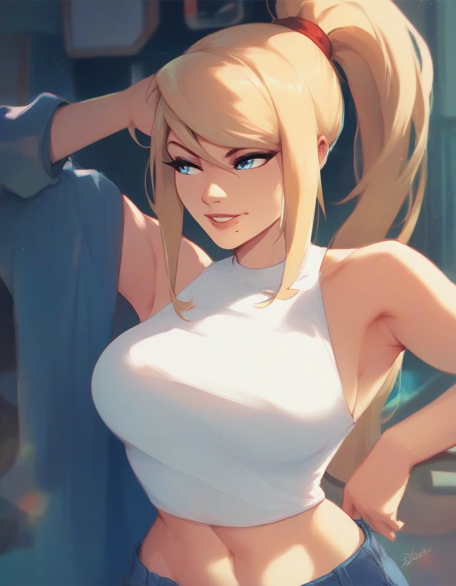 samus aran, jeans, simple white sleeveless shirt, looking away, smile, armpit