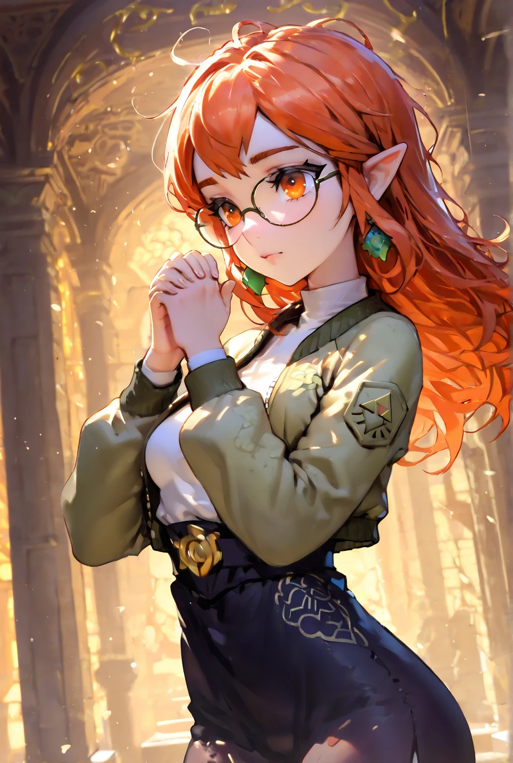 (1girl, solo, (best quality)),((highly detailed)),masterpiece,absurdres,detailed face,beautiful face,(detailed eyes),((dynamic pose)), young woman name Hexy, She has a olive jacket, (medium breast, slender), glasses), (praying, hyrule temple, gold ambience, spiritual ambience), ( dramatic angle), background detailed, (orange hair, long hair, messy hair), (orange eyes)