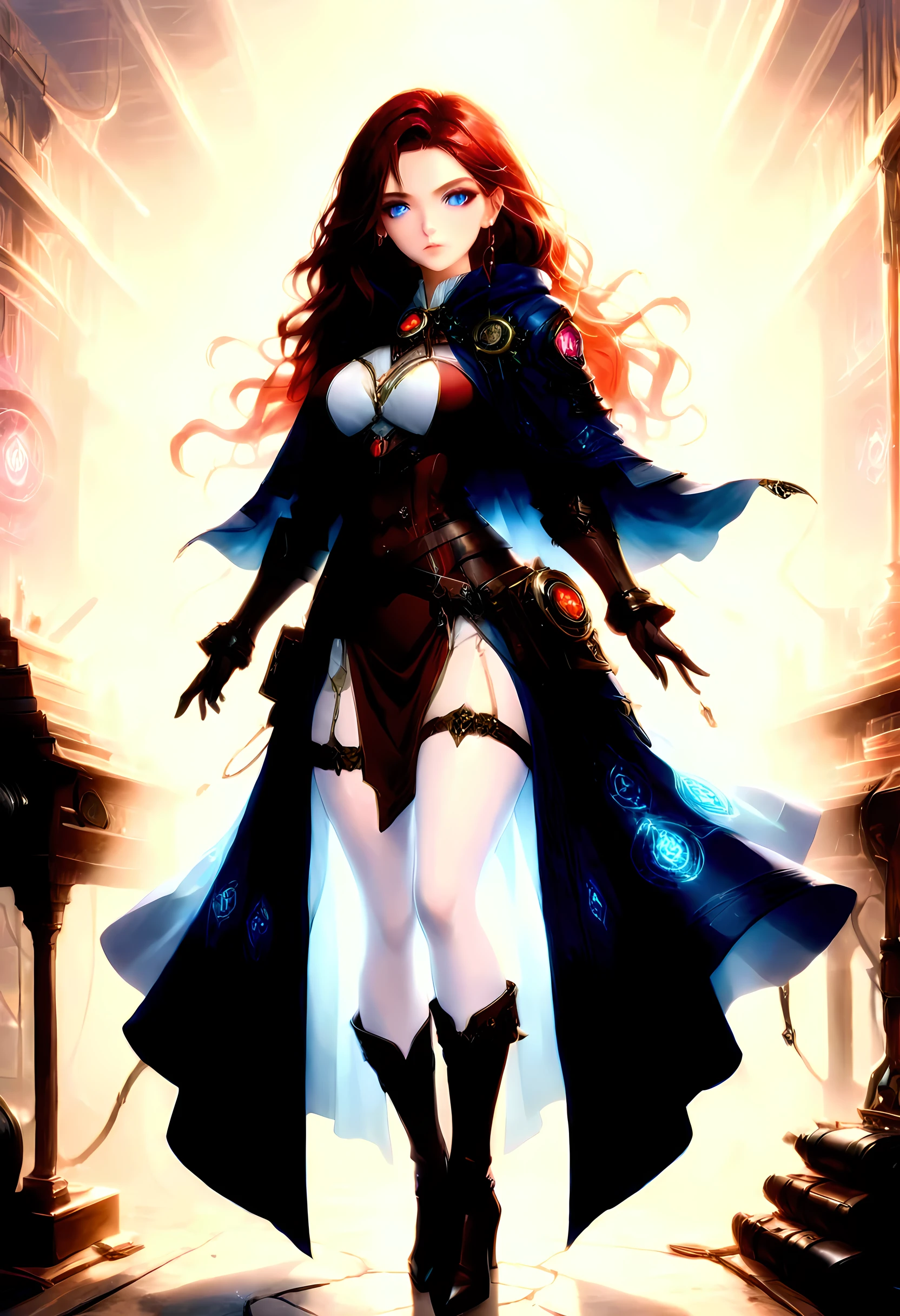 fantasy art, steampunk art, RPG art, photograph, RAW,  Best Detailed, picture of a mecha woman wizard, standing proudly, manipulating magical purple runes, extremely beautiful woman (best Detailed, Masterpiece, Hyperrealistic: 1.5)  red hair, rich hair, wavy hair, dynamic eyes color, wearing (white and red dress: 1.3), wearing (blue cloak: 1.3), wearing pantyhose, wearing high heeled boots, laces boots, make up, steampunk laboratory background, ultra best realistic, best details, best quality, 16k, [ultra detailed], masterpiece, best quality, (extremely detailed), ultra wide shot, photorealism, depth of field, hyper realistic painting, Cinematic Shot, Glowing Runes