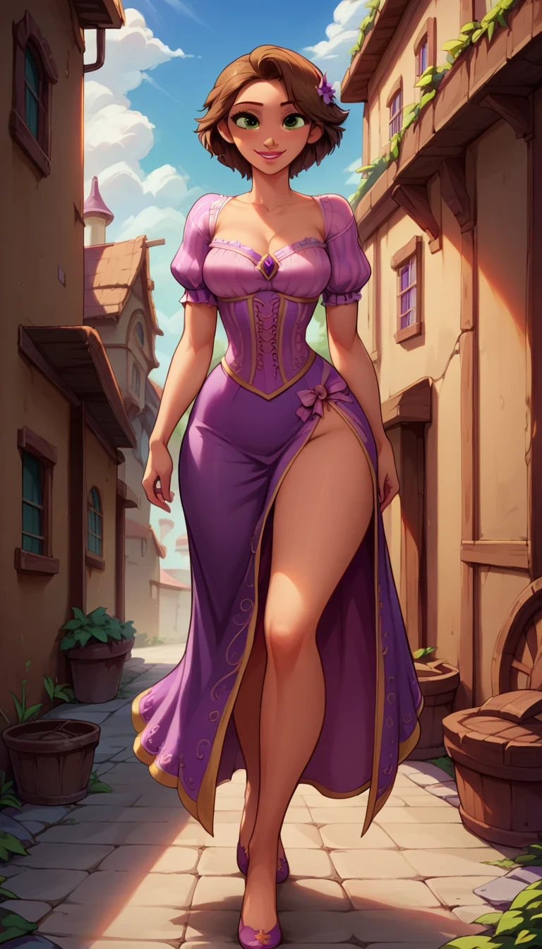 Score_9, score_8_up, score_7_up, rating explicit, source_comic, detailed soft lighting, 1girl, (Rapunzel from Tangled, short brown hair, purple dress:1.0), large breasts, BREAK smile, beautiful eyes, open eyes, (masterpiece, best quality, highly detailed, beautiful), walking, (town alley:1.2).