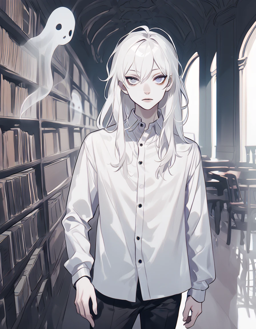 ghost person, gothic, male. white hair, pale eyes, white translucent skin. casual clothes, modern. background: library