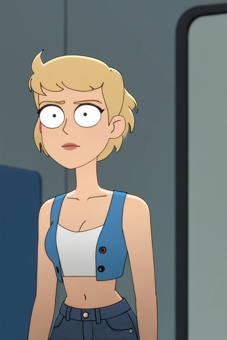 Panel work of art, blue colored eyes, short blonde hair, wearing a tight blue tank top with a low neckline, wearing short, tight denim shorts with the buttons open, defined body, 4K HD image