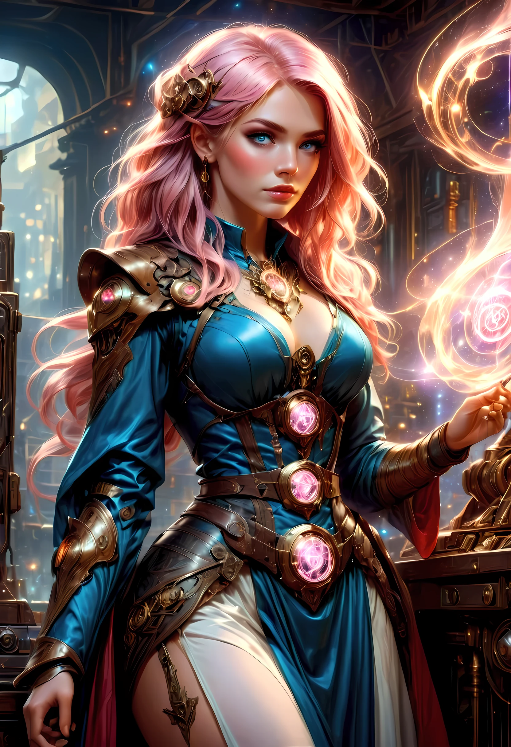 fantasy art, steampunk art, RPG art, photograph, RAW,  Best Detailed, picture of a mecha woman wizard, standing proudly, manipulating magical purple runes, extremely beautiful woman (best Detailed, Masterpiece, Hyperrealistic: 1.5)  pink hair, rich hair, wavy hair, dynamic eyes color, wearing (white and blue dress: 1.3), wearing (red cloak: 1.2), wearing pantyhose, wearing high heeled boots, laces boots, make up, steampunk laboratory background, ultra best realistic, best details, best quality, 16k, [ultra detailed], masterpiece, best quality, (extremely detailed), ultra wide shot, photorealism, depth of field, hyper realistic painting, Cinematic Shot, Glowing Runes