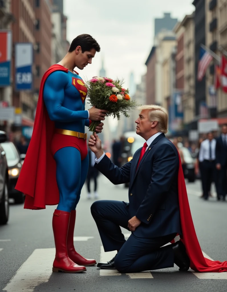 In a chaotic street scene, a buff man in a superman costume (think movie version of Superman-black undercut, blue tights and red cape and red boots and red briefs) holds a bundle of flowers, US President Trump stand by Superman. Superhuman sits on his knees and begs US President Trump for forgiveness.full body photo