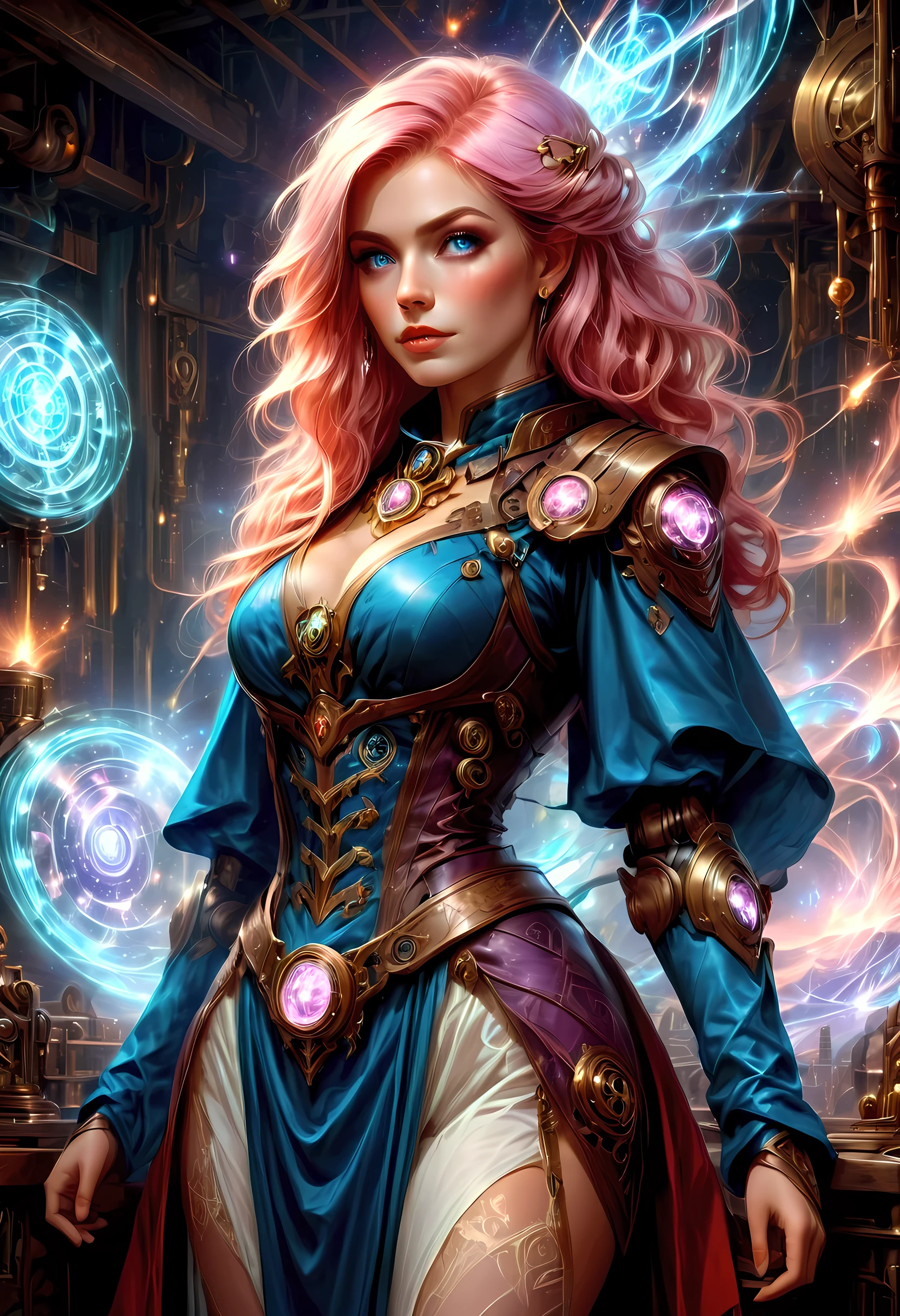 Beautiful woman, intricate hairstyle, curly hair, curls, beautiful chiseled figure, aesthetics of the female body, fractals, mandala, complex background, modern art, bright colors, explosion of colors, sexy pose, complex pose, steampunk elements