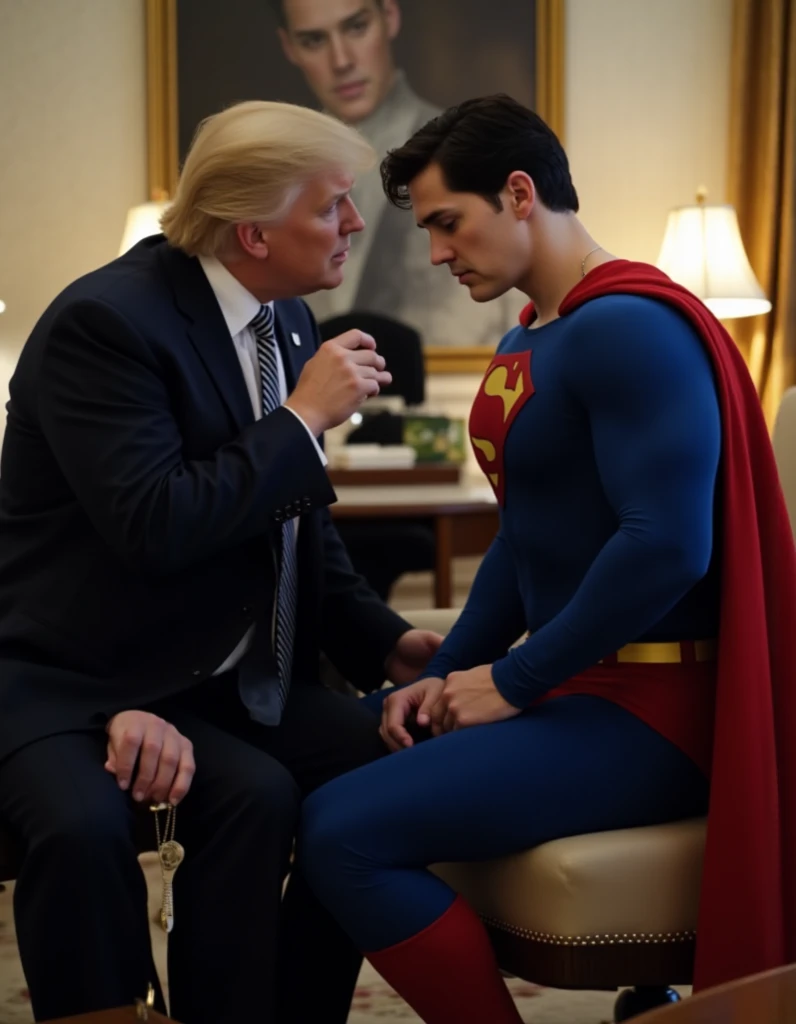 In a office, Superman sit in a chair and look at Trump holding a pocket watch hanging from pendulum in his hand. Superman's expression was dull, like a dog sticking out its tongue, begging for Trump. Trump US President is very happy. US President Trump kisses Superman's ears from behind. Trump wearing suits .
a handsome man in a superman costume (think movie version of Superman-black undercut, blue tights and red cape and red boots and red briefs).full body photo