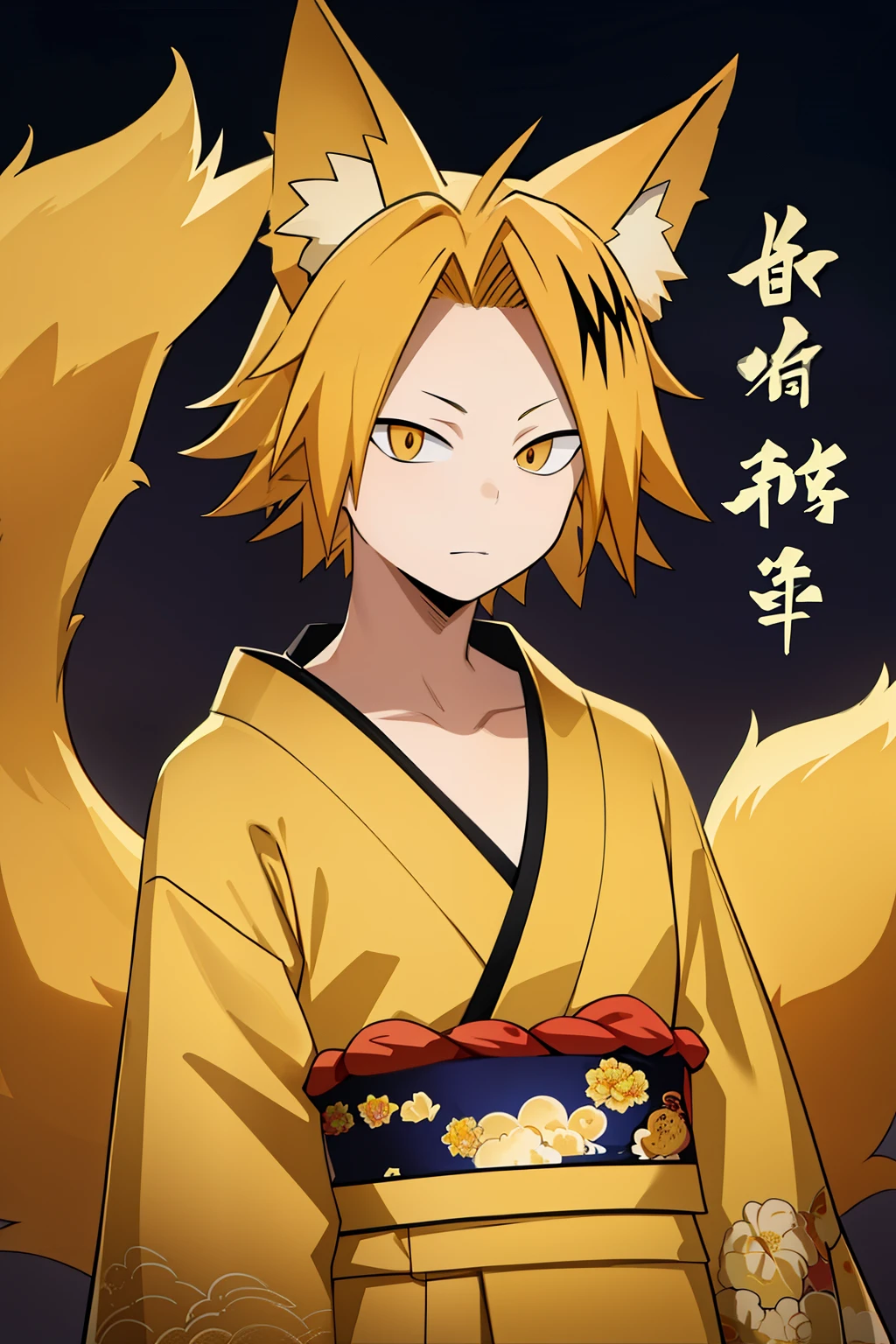 masterpiece , Better Quality , anatomy, 1 , Alone, man approaches , looking at the lunar spectator , upper body, Kaminari_Thank you, blonde hair, multicolored _hair, yellow Japanese kimono suit, fox ears and tails, 10-tailed kitsune