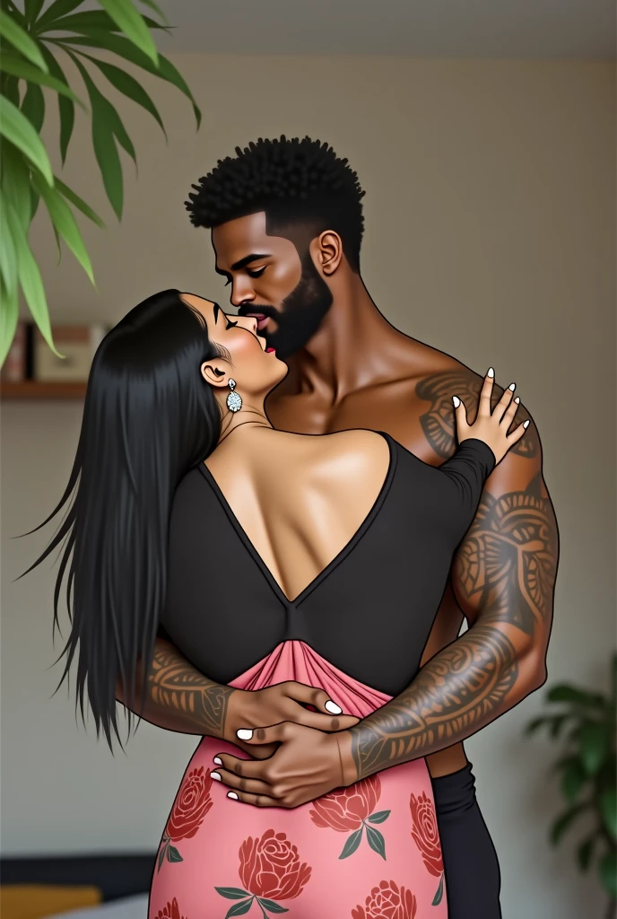 (1 young black man), (1 asian mature woman), (duet), A woman seduces a young blackman,Cuddled,(strong and naked black man,short pants,muscle body,bodybuilder),(a young woman with big breasts,narrow waist,bare shoulders,(long skirt dressed, floral print, naked), European 40 year old milfs and th1 young black man ,srrong black man, best quality:1.4), (Ultra-high resolution:1.2), (8K, RAW photos:1.2), Laurena Lexis, (1 woman, 1 blackman), Moms showing off their curves, bend down, Wearing sexy clothes and shorts, and blackman, Clear eyes, A woman and blackman, ((French Kiss))