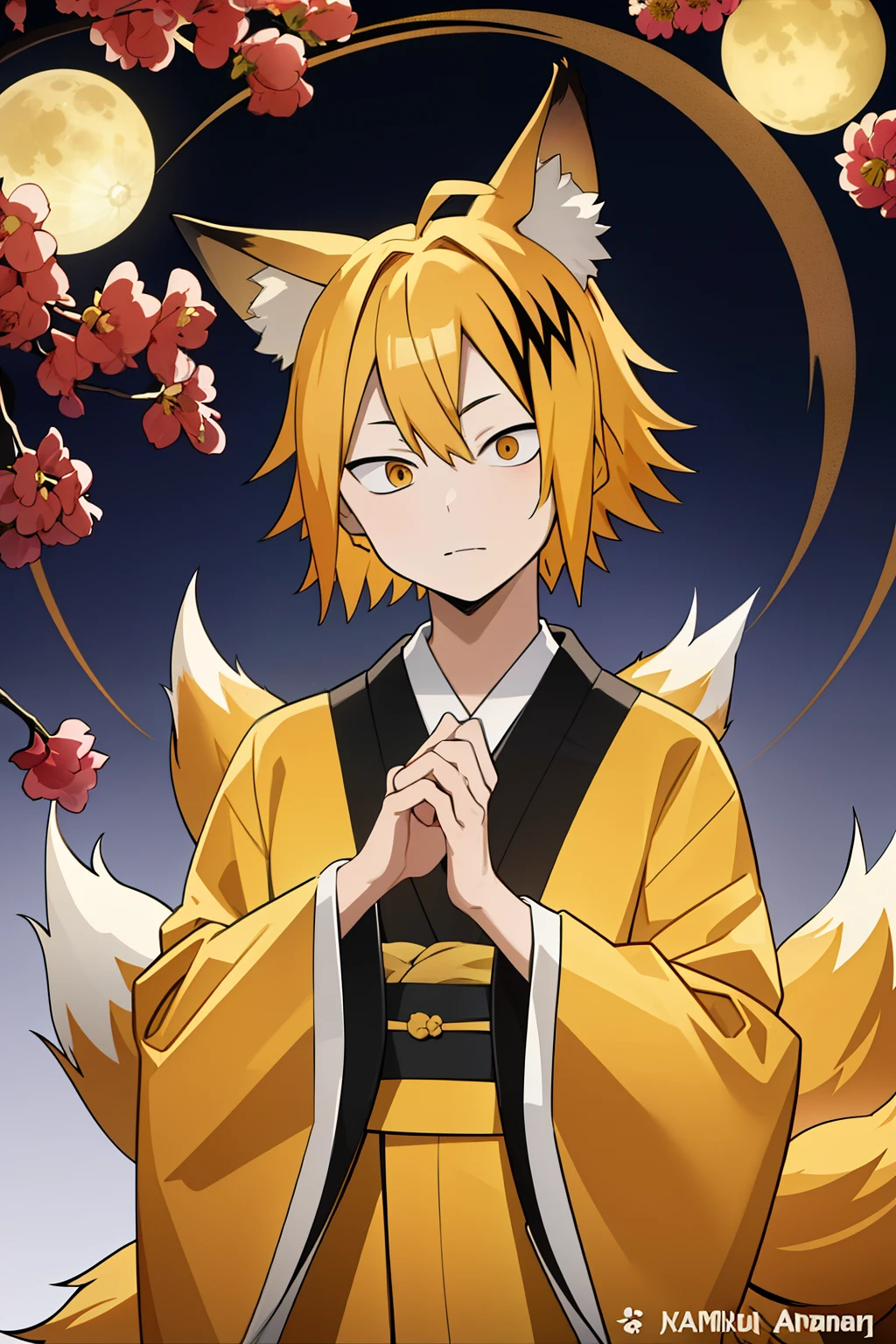 masterpiece , Better Quality , anatomy, 1 , Alone, man approaches , looking at the lunar spectator , upper body, Kaminari_Thank you, blonde hair, multicolored _hair, yellow Japanese kimono suit, fox ears and tails, 10-tailed kitsune, Cherries on the hands