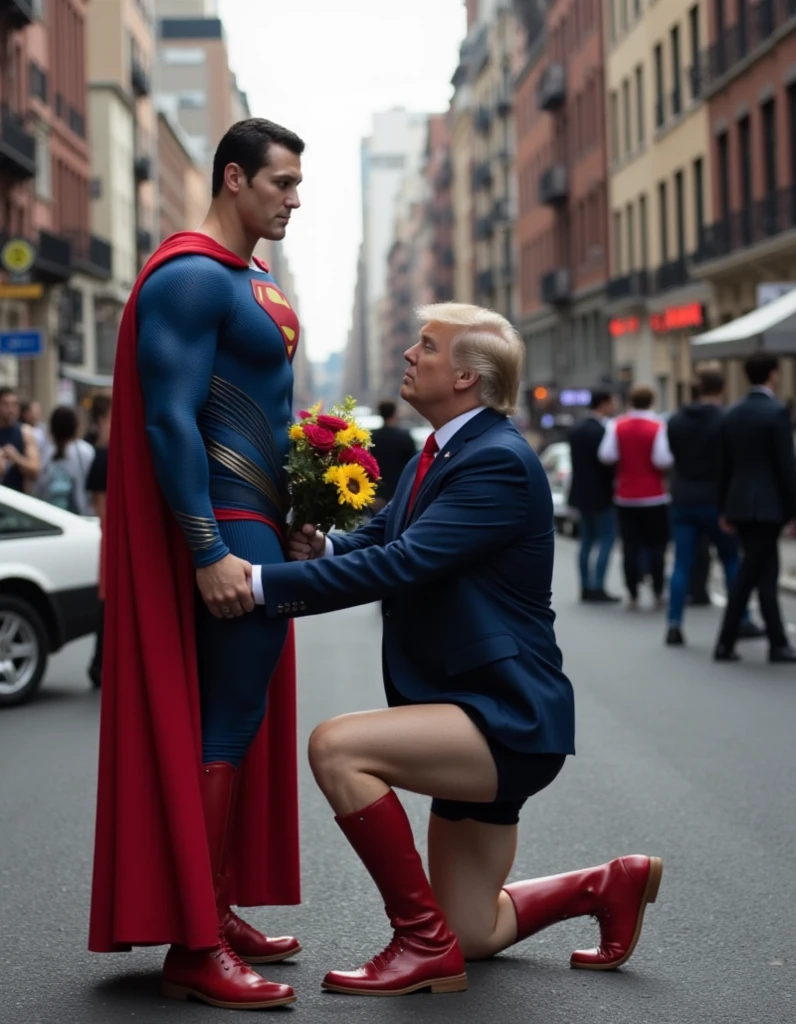 In a chaotic street scene, a buff man in a superman costume (think movie version of Superman-black undercut, blue tights and red cape and red boots and red briefs) holds a bundle of flowers, US President Trump stand by Superman. Superhuman sits on his knees and begs US President Trump for forgiveness.full body photo