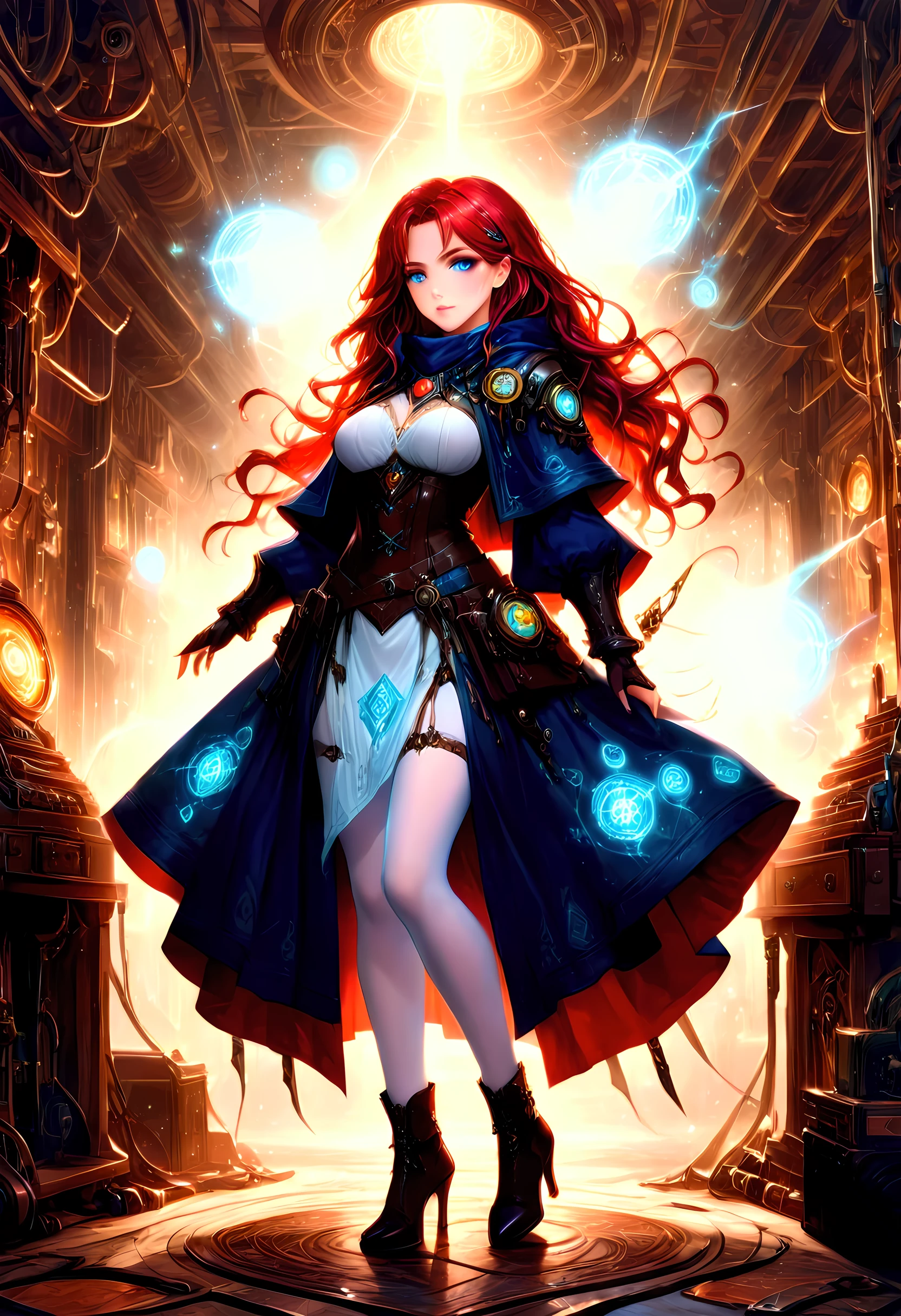 fantasy art, steampunk art, RPG art, photograph, RAW,  Best Detailed, picture of a mecha woman wizard, standing proudly, manipulating magical purple runes, extremely beautiful woman (best Detailed, Masterpiece, Hyperrealistic: 1.5)  red hair, rich hair, wavy hair, dynamic eyes color, wearing (white and red dress: 1.3), wearing (blue cloak: 1.3), wearing pantyhose, wearing high heeled boots, laces boots, make up, steampunk laboratory background, ultra best realistic, best details, best quality, 16k, [ultra detailed], masterpiece, best quality, (extremely detailed), ultra wide shot, photorealism, depth of field, hyper realistic painting, Cinematic Shot, Glowing Runes